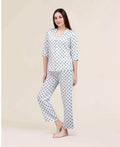 Velure Geometric Print Night Suit - Velure - - 3/4 Sleeves, Abstract Print, Collar Neck, Cotton, Front Button Open, Full Length Pant