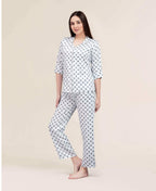 Velure Geometric Print Night Suit - Velure - - 3/4 Sleeves, Abstract Print, Collar Neck, Cotton, Front Button Open, Full Length Pant