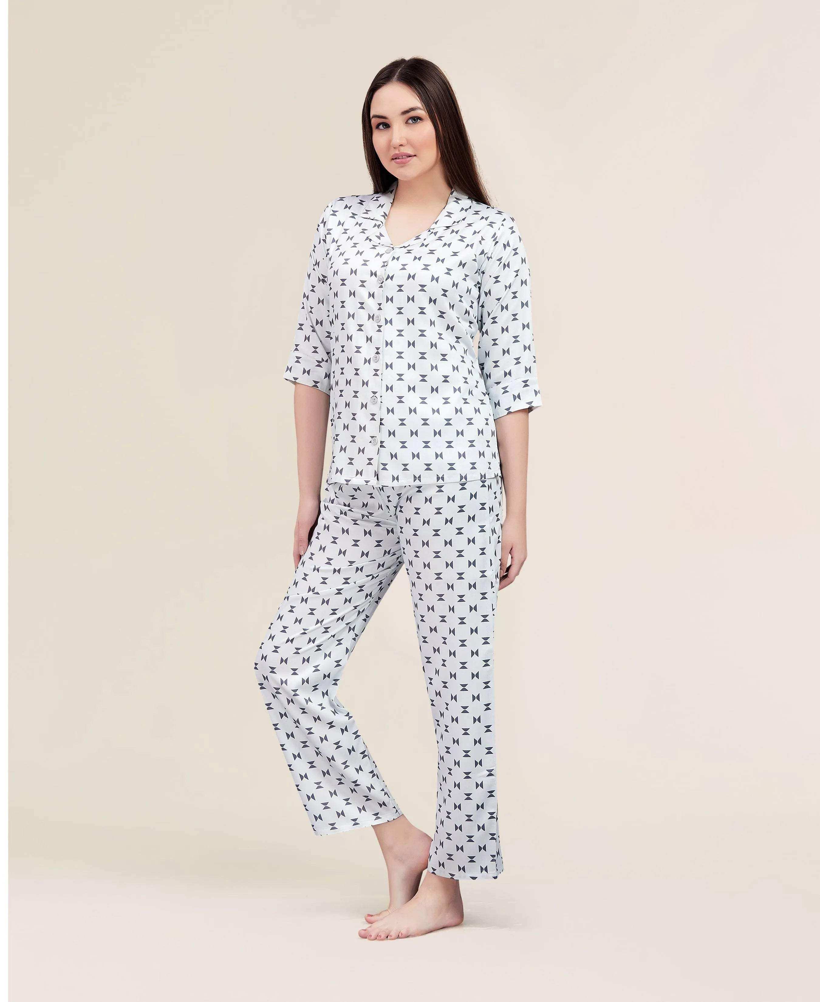 Velure Geometric Print Night Suit - Velure - - 3/4 Sleeves, Abstract Print, Collar Neck, Cotton, Front Button Open, Full Length Pant
