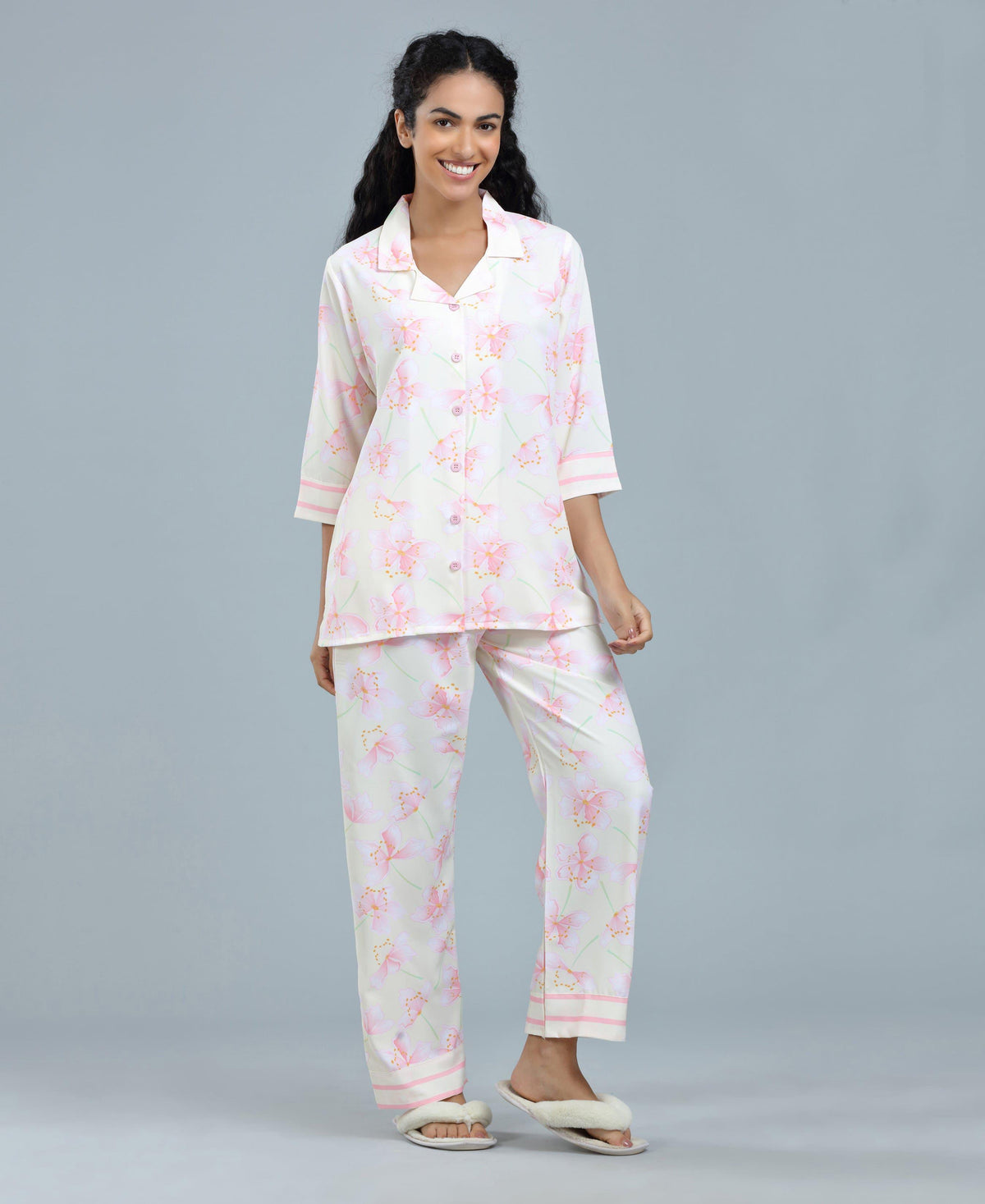 Flower Print Satin Night Suit - Velure - Shirt and Pant - 3/4 Sleeves, Collar Neck, Floral Print, Front Button Open, Full Length Pant, Satin