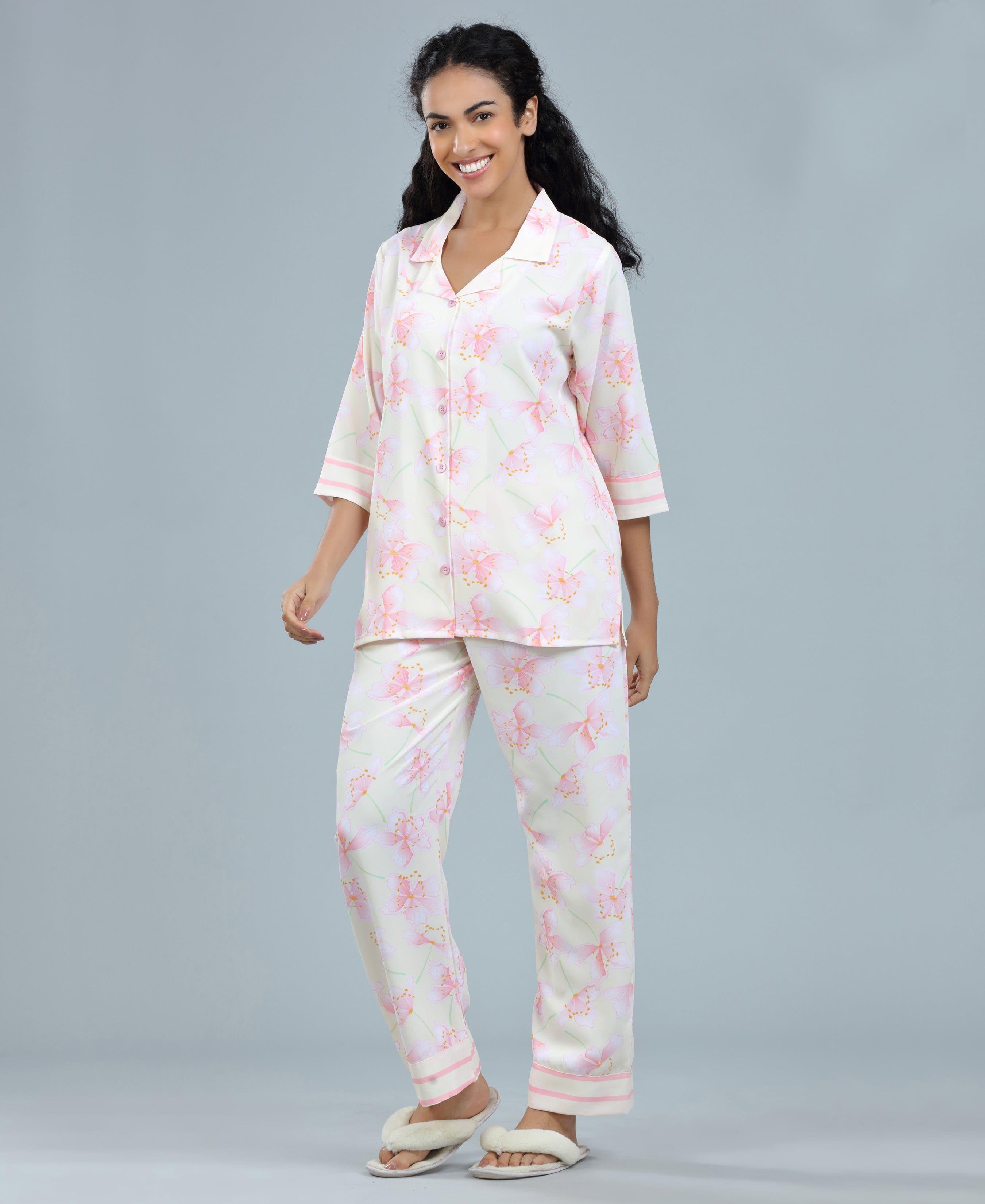 Flower Print Satin Night Suit - Velure - Shirt and Pant - 3/4 Sleeves, Collar Neck, Floral Print, Front Button Open, Full Length Pant, Satin