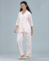 Flower Print Satin Night Suit - Velure - Shirt and Pant - 3/4 Sleeves, Collar Neck, Floral Print, Front Button Open, Full Length Pant, Satin