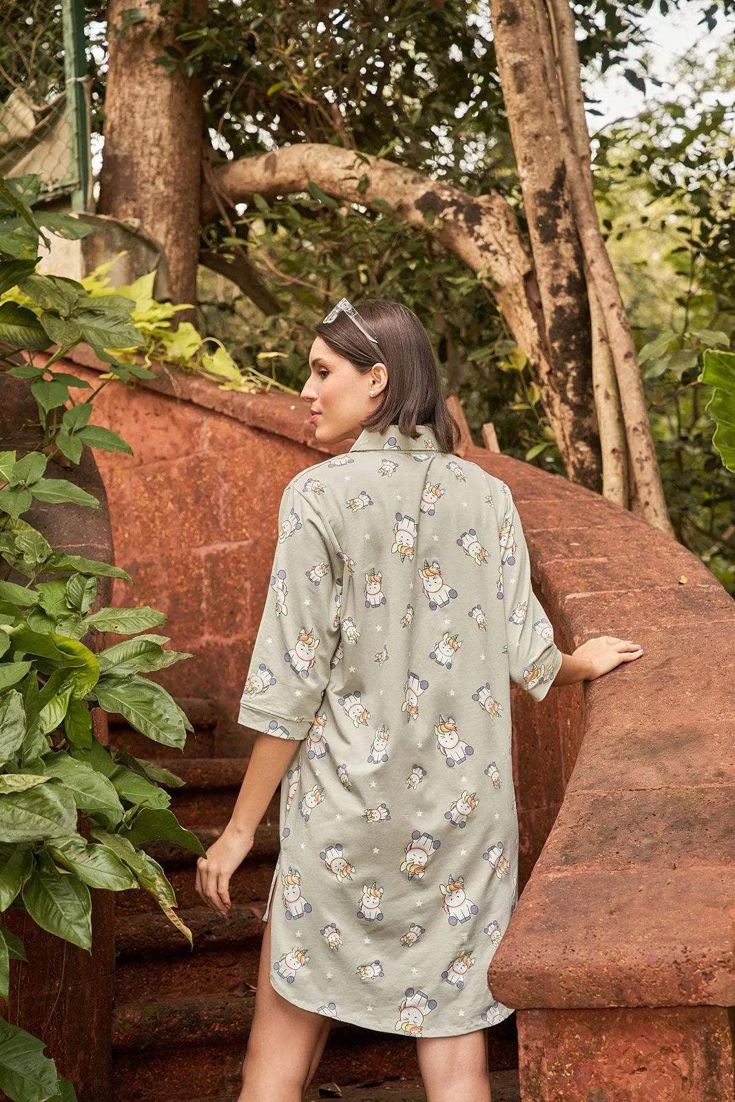 Timeless Comfort Night Shirt - Velure - - 3/4 Sleeves, Collar Neck, Cotton, Front Button Open, Knee Length, Printed