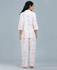 Flower Print Satin Night Suit - Velure - Shirt and Pant - 3/4 Sleeves, Collar Neck, Floral Print, Front Button Open, Full Length Pant, Satin