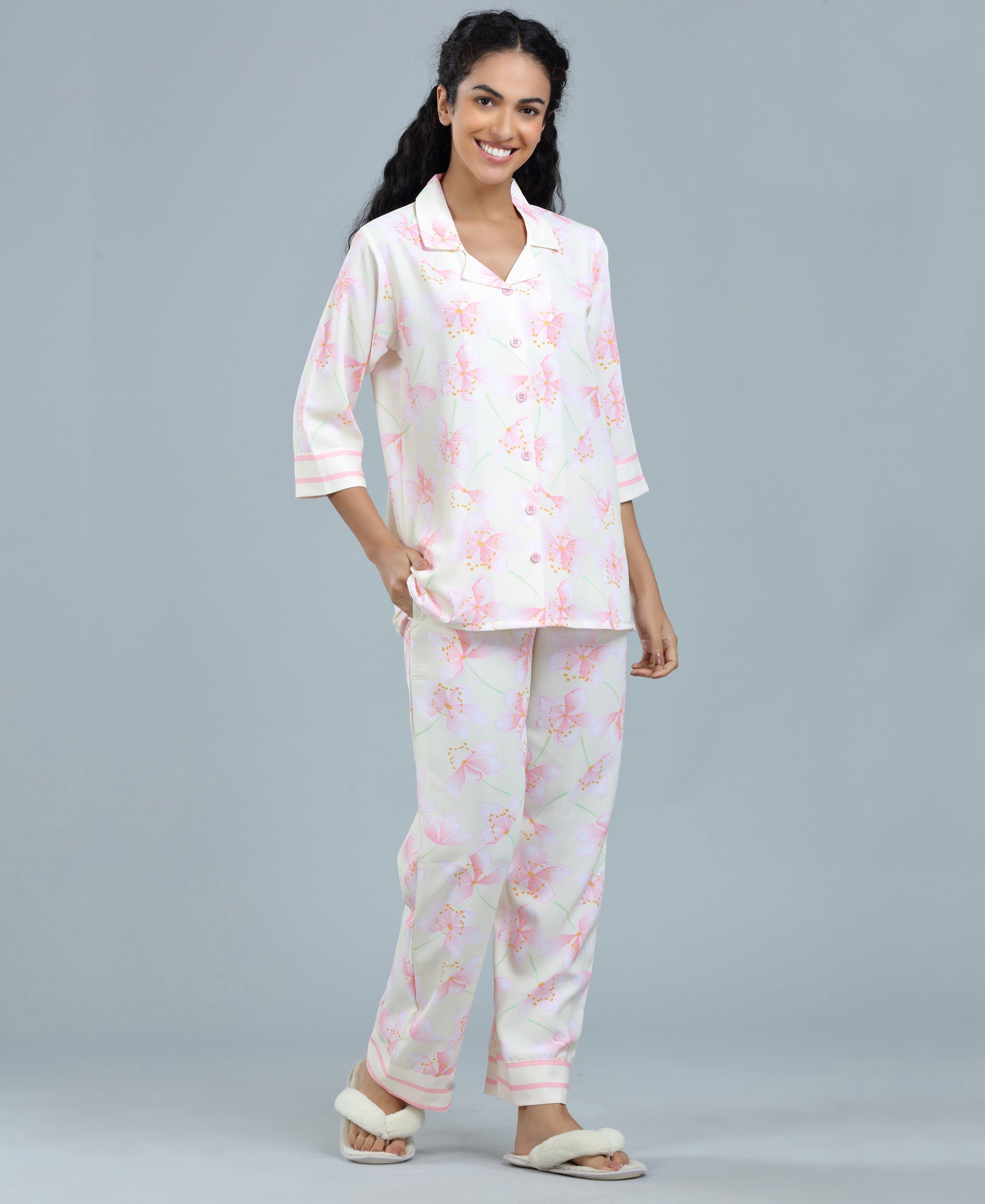 Flower Print Satin Night Suit - Velure - Shirt and Pant - 3/4 Sleeves, Collar Neck, Floral Print, Front Button Open, Full Length Pant, Satin