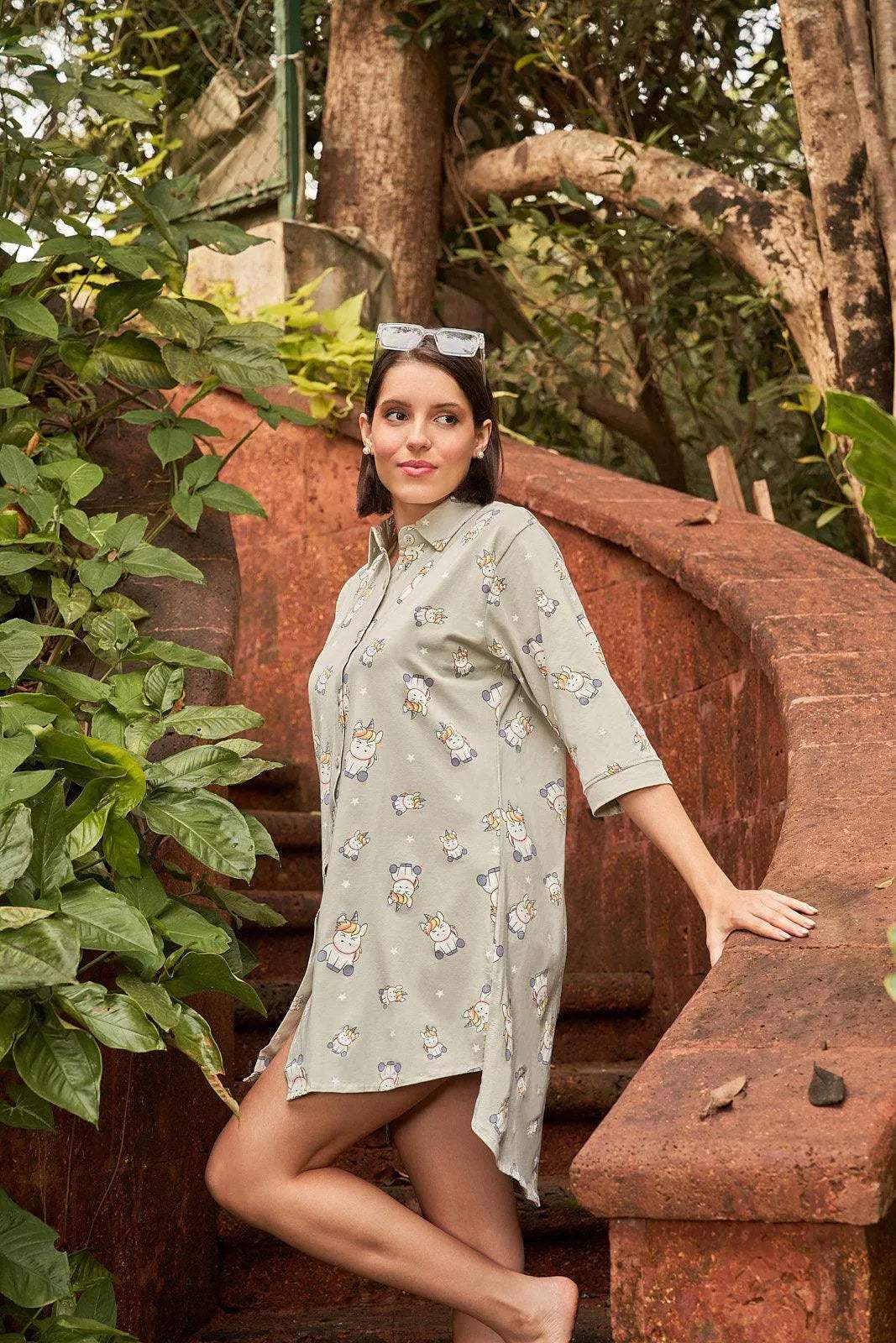 Timeless Comfort Night Shirt - Velure - - 3/4 Sleeves, Collar Neck, Cotton, Front Button Open, Knee Length, Printed