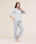 Velure Geometric Print Night Suit - Velure - - 3/4 Sleeves, Abstract Print, Collar Neck, Cotton, Front Button Open, Full Length Pant