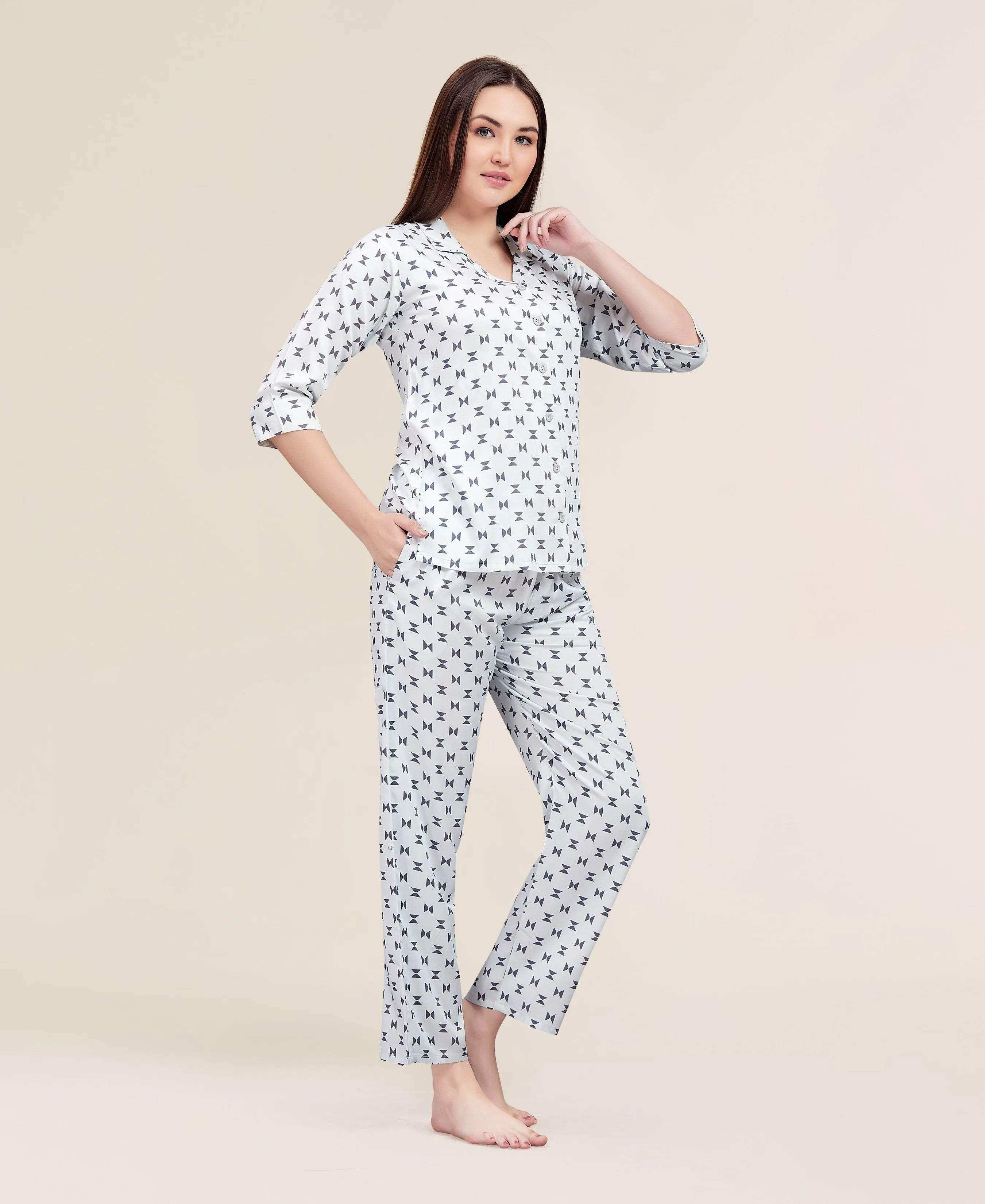 Velure Geometric Print Night Suit - Velure - - 3/4 Sleeves, Abstract Print, Collar Neck, Cotton, Front Button Open, Full Length Pant