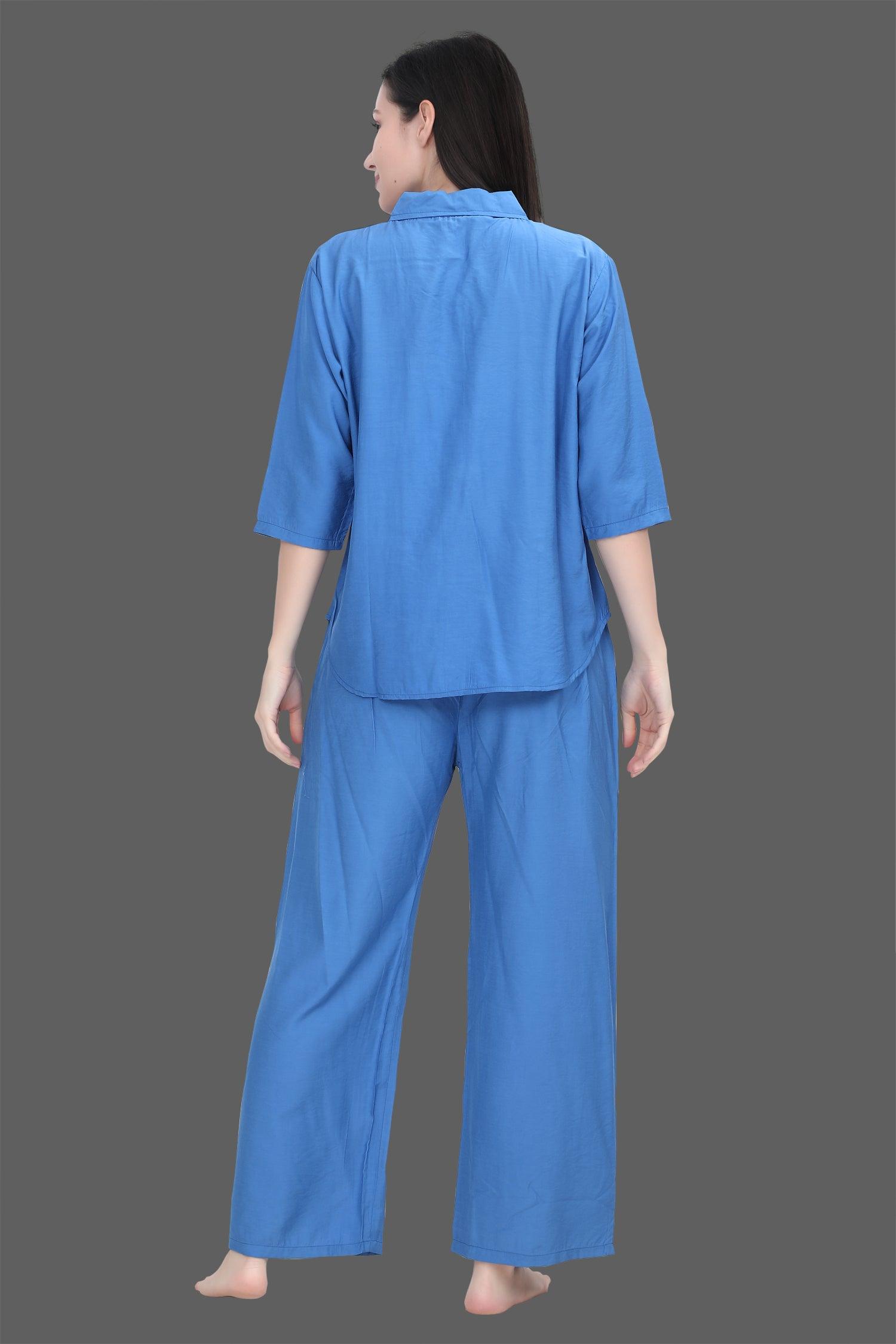 Velure Royal Blue Classic Palazzo Co-ord Set - Velure - Long Top and Pant - 3/4 Sleeves, Collar Neck, Cotton, Front Button Open, Full Length Pant