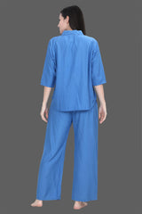 Velure Royal Blue Classic Palazzo Co-ord Set - Velure - Long Top and Pant - 3/4 Sleeves, Collar Neck, Cotton, Front Button Open, Full Length Pant