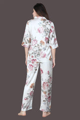 Velure Floral Printed Satin Night Suit - Velure - Long Top and Pant - 3/4 Sleeves, Collar Neck, Floral Print, Front Button Open, Full Length Pant