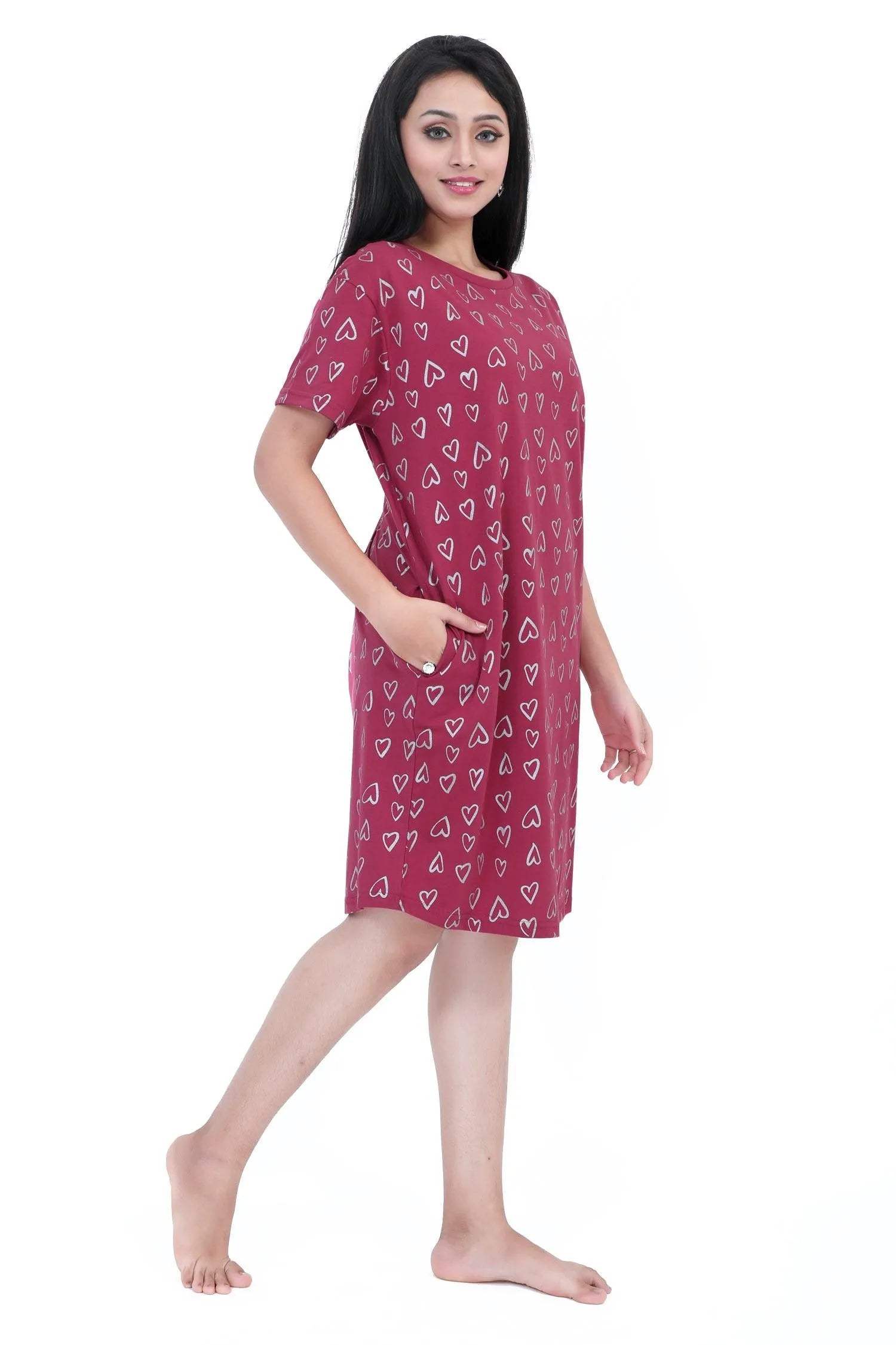 Refreshing Heart Print Short Nighty - Velure - - Cotton, Half Sleeves, Knee Length, Printed, Round neck