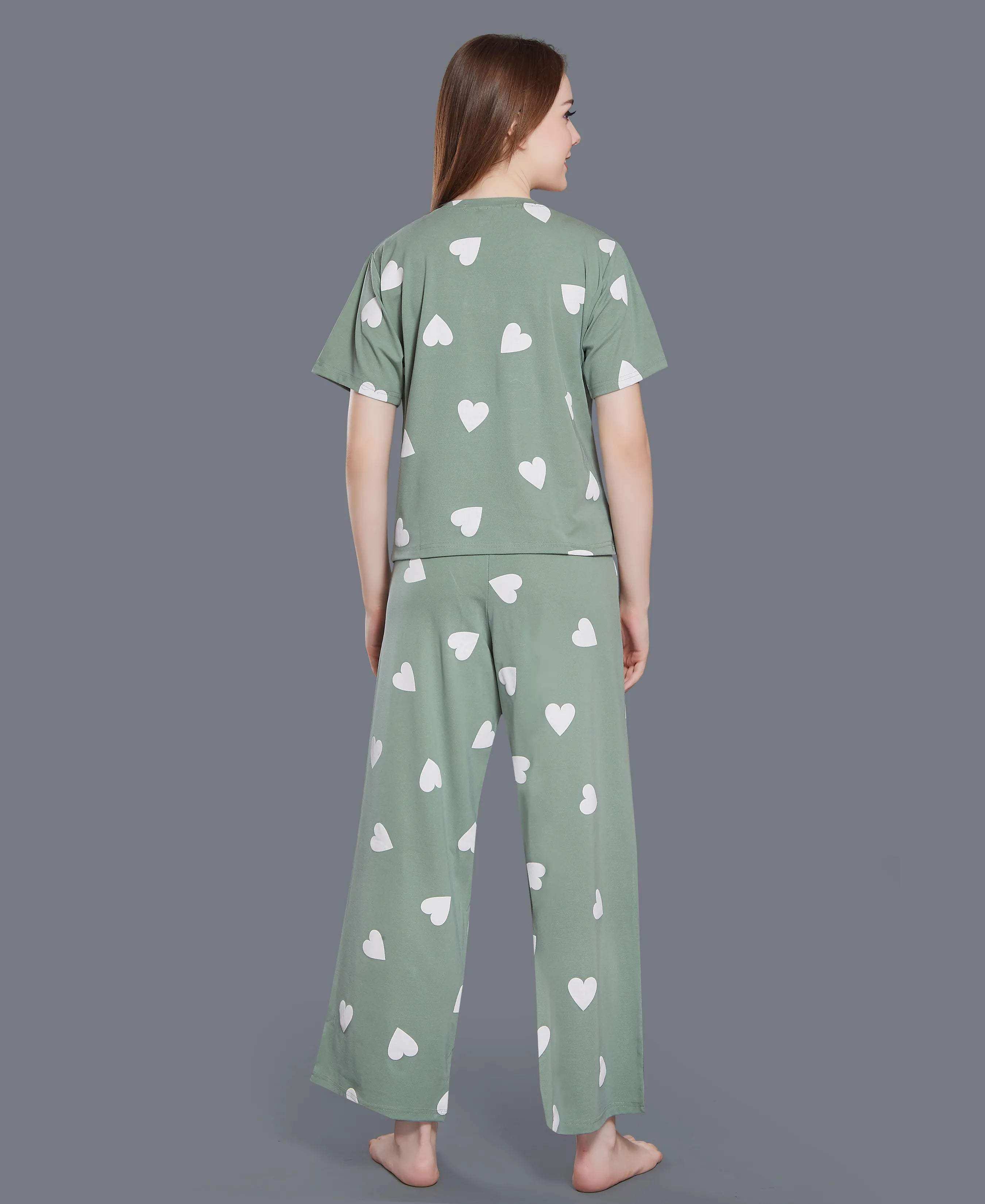 Velure Heart Print Palazzo Night Suit - Velure - - Cotton Lycra Fabric, Full Length Pant, Half Sleeves, Round neck