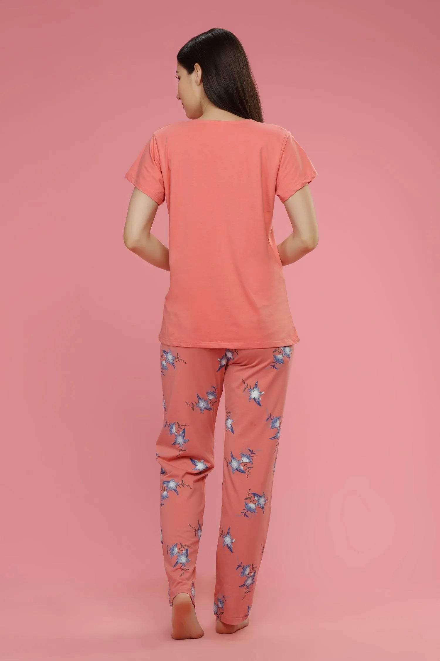 Velure Casual Floral Print Night Suit - Velure - Shirt and Pant - Cotton, Floral Print, Full Length Pant, Half Sleeves, Round neck