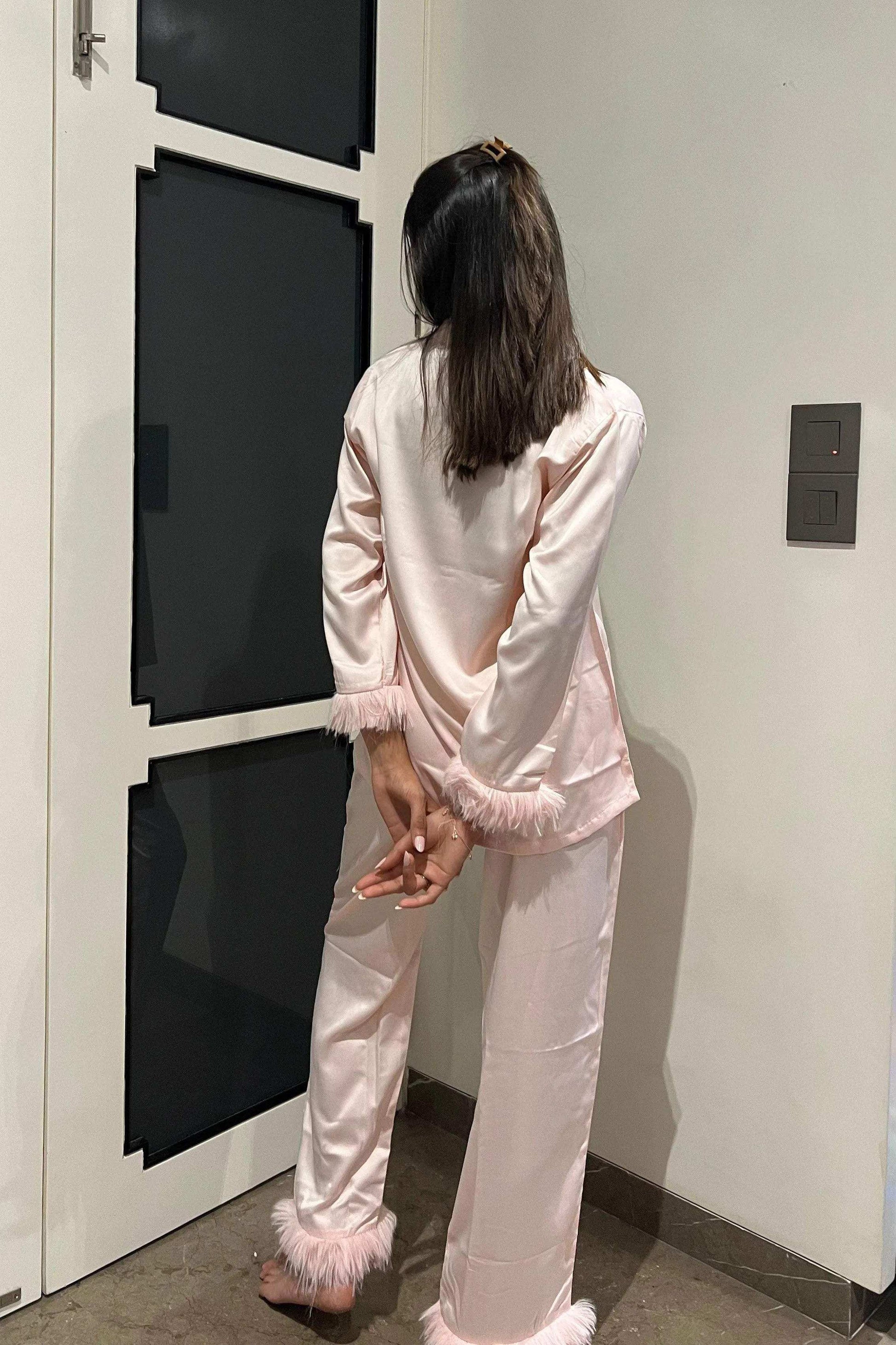 Velure Joyful Fur Satin Night Suit - Velure - Shirt and Pant - Collar Neck, Front Button Open, Full Length Pant, Full Sleeves, Fur, Satin