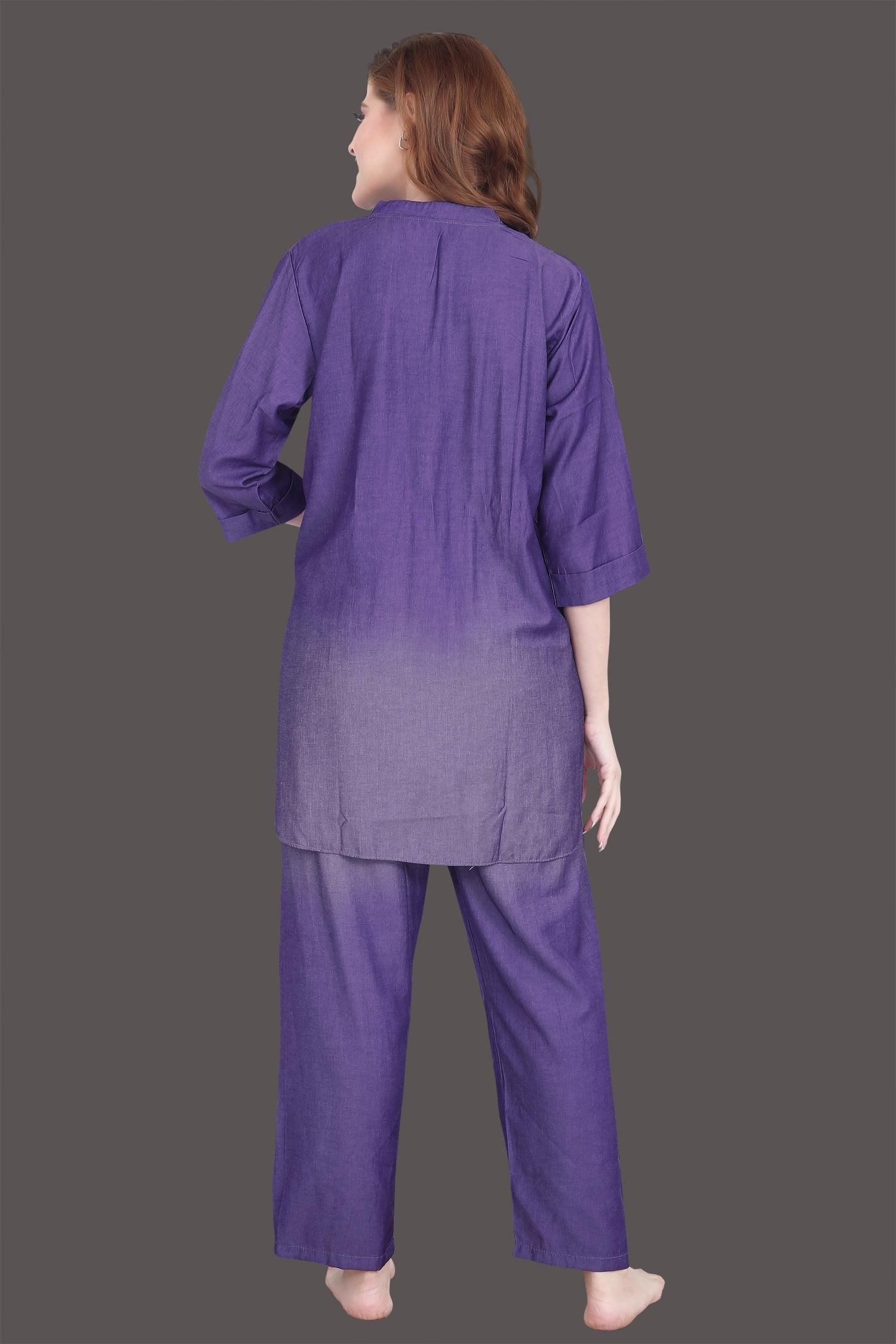 Velure Tunic Purple Dual Shade Kurti Style Night Suit - Velure - Long Top and Pant - 3/4 Sleeves, Collar Neck, Cotton, Front Button Open, Full Length Pant