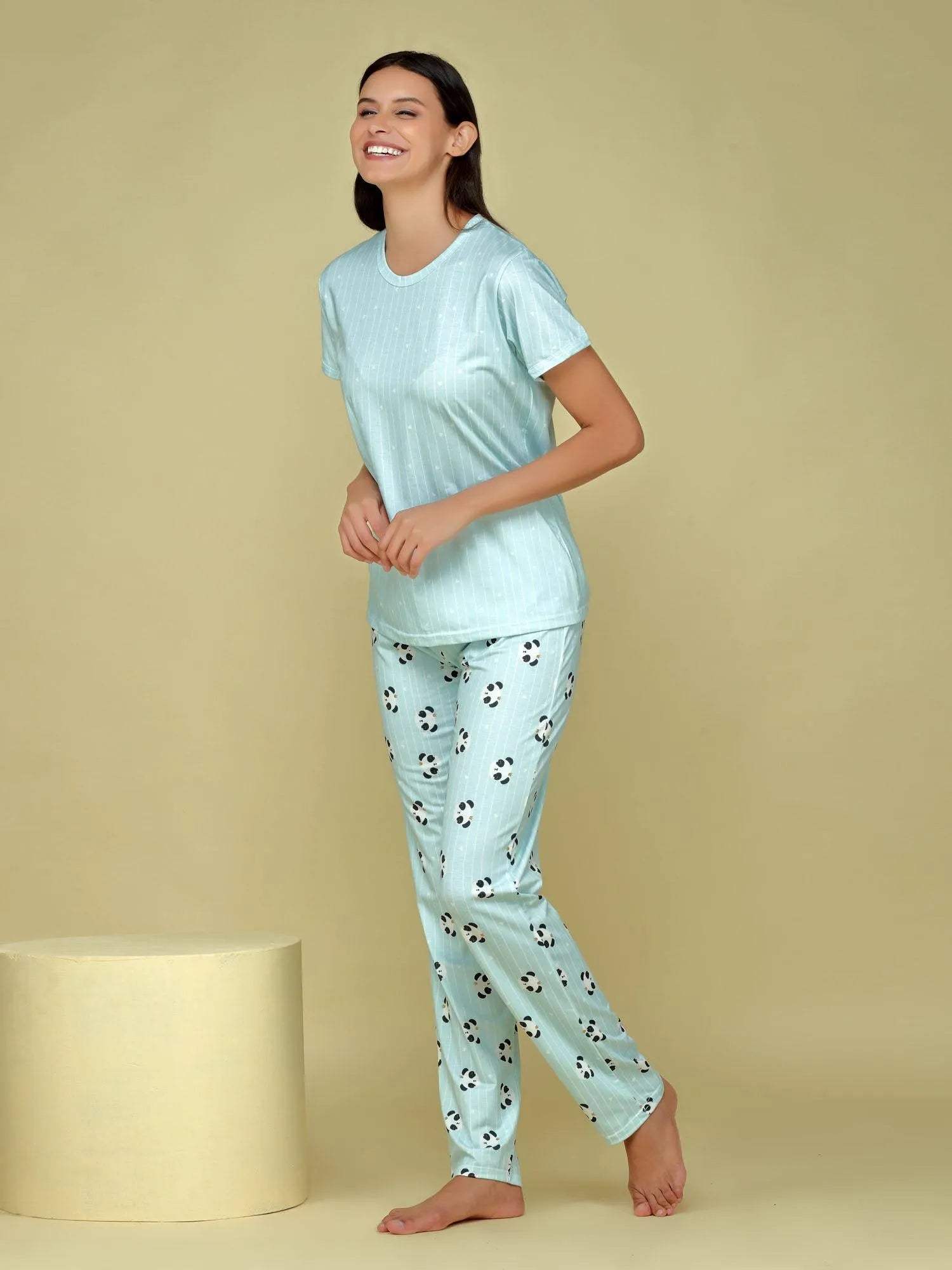 Velure Cute Panda Print Pajama Set - Velure - T-Shirt and Pants - Cotton, Full Length Pant, Half Sleeves, Printed, Round neck