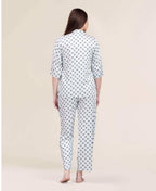 Velure Geometric Print Night Suit - Velure - - 3/4 Sleeves, Abstract Print, Collar Neck, Cotton, Front Button Open, Full Length Pant