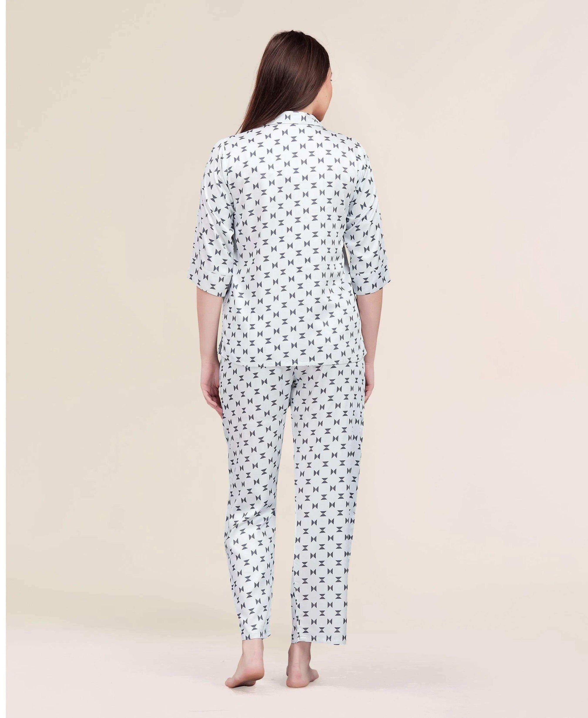 Velure Geometric Print Night Suit - Velure - - 3/4 Sleeves, Abstract Print, Collar Neck, Cotton, Front Button Open, Full Length Pant
