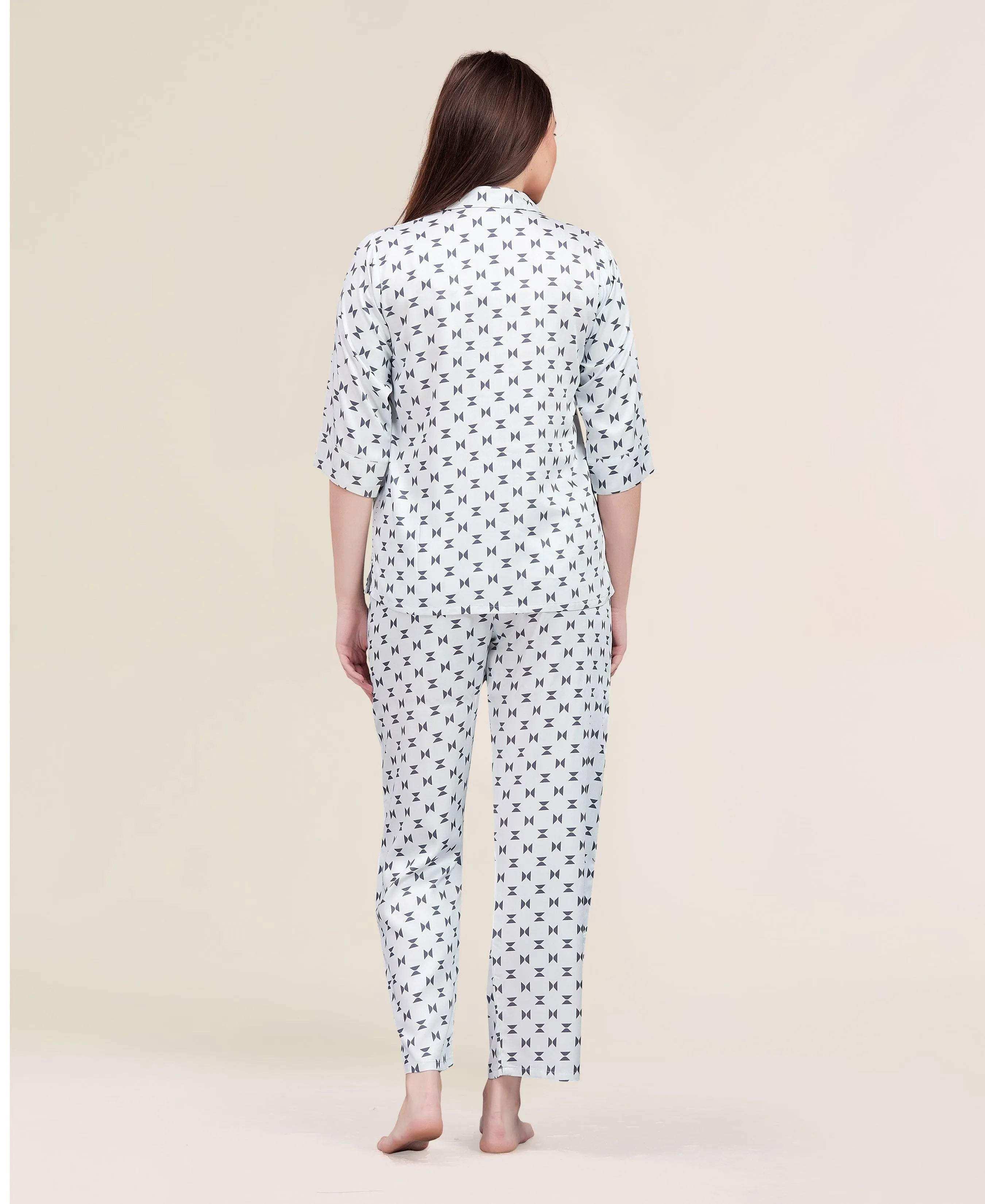 Velure Geometric Print Night Suit - Velure - - 3/4 Sleeves, Abstract Print, Collar Neck, Cotton, Front Button Open, Full Length Pant