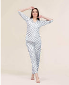 Velure Geometric Print Night Suit - Velure - - 3/4 Sleeves, Abstract Print, Collar Neck, Cotton, Front Button Open, Full Length Pant