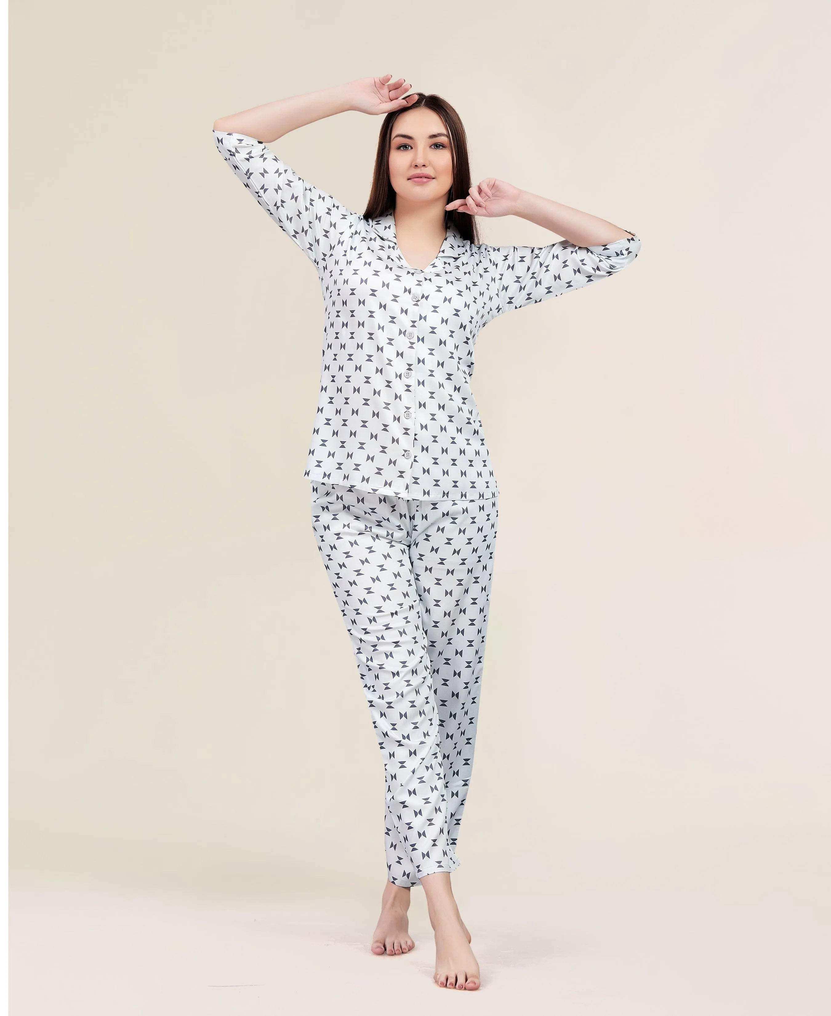Velure Geometric Print Night Suit - Velure - - 3/4 Sleeves, Abstract Print, Collar Neck, Cotton, Front Button Open, Full Length Pant