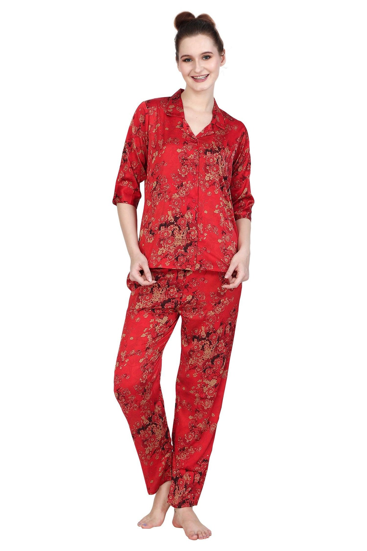 Velure Blooming Satin Print Night Suit - Velure - Shirt and Pant - 3/4 Sleeves, Abstract Print, Front Button Open, Full Length Pant, Satin