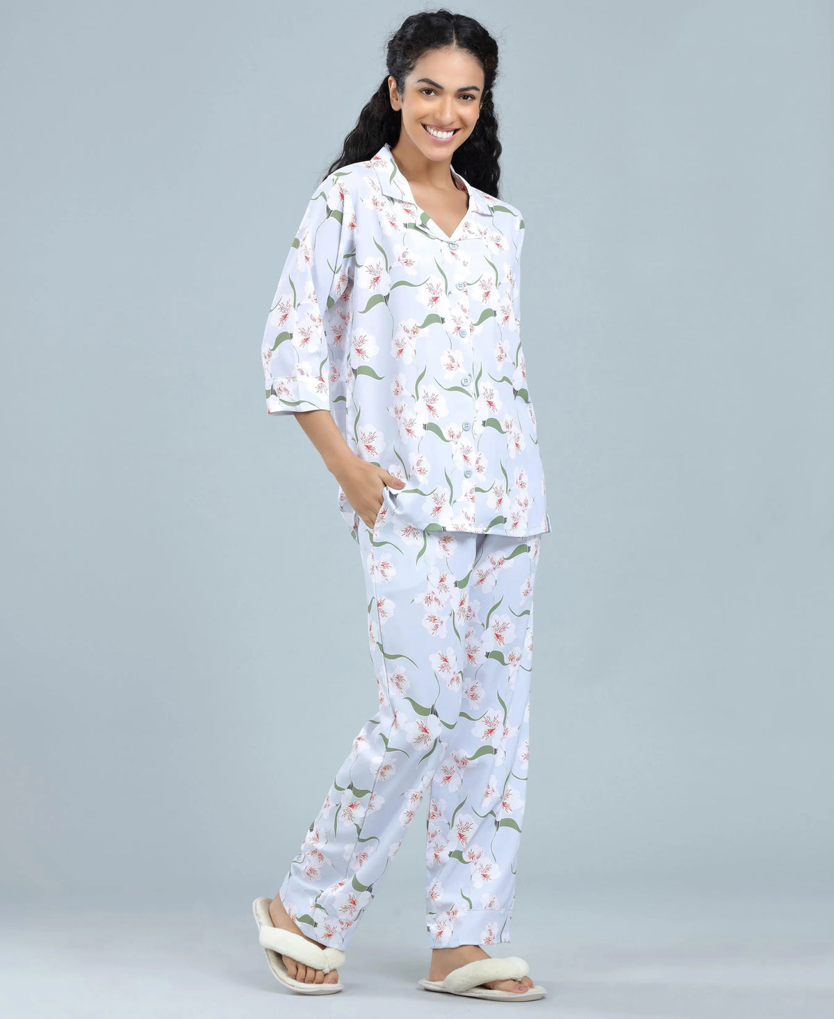 Satin Blossoms Print Satin Night Suit - Velure, Shirt and Pant, Indulge in luxury with Velure's Flower Print Satin Night Suit. Soft satin fabric, elegant collar, 3/4 sleeves, and full-length pants. Vibrant floral print adds a touch of charm. Comfortable fit for a restful sleep. Easy to care for and maintain.