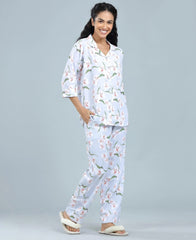 Satin Blossoms Print Satin Night Suit - Velure, Shirt and Pant, Indulge in luxury with Velure's Flower Print Satin Night Suit. Soft satin fabric, elegant collar, 3/4 sleeves, and full-length pants. Vibrant floral print adds a touch of charm. Comfortable fit for a restful sleep. Easy to care for and maintain.