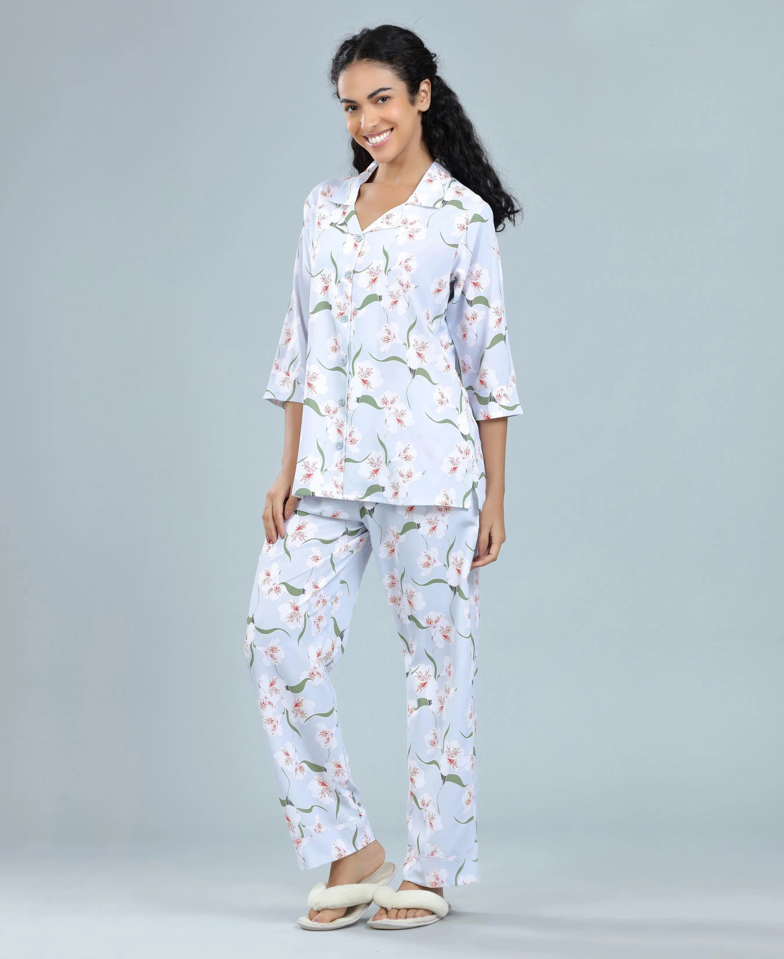 Satin Blossoms Print Satin Night Suit - Velure, Shirt and Pant, Indulge in luxury with Velure's Flower Print Satin Night Suit. Soft satin fabric, elegant collar, 3/4 sleeves, and full-length pants. Vibrant floral print adds a touch of charm. Comfortable fit for a restful sleep. Easy to care for and maintain.