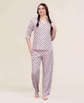 Velure Block Print Night Suit - Velure - - 3/4 Sleeves, Abstract Print, Collar Neck, Cotton, Front Button Open, Full Length Pant