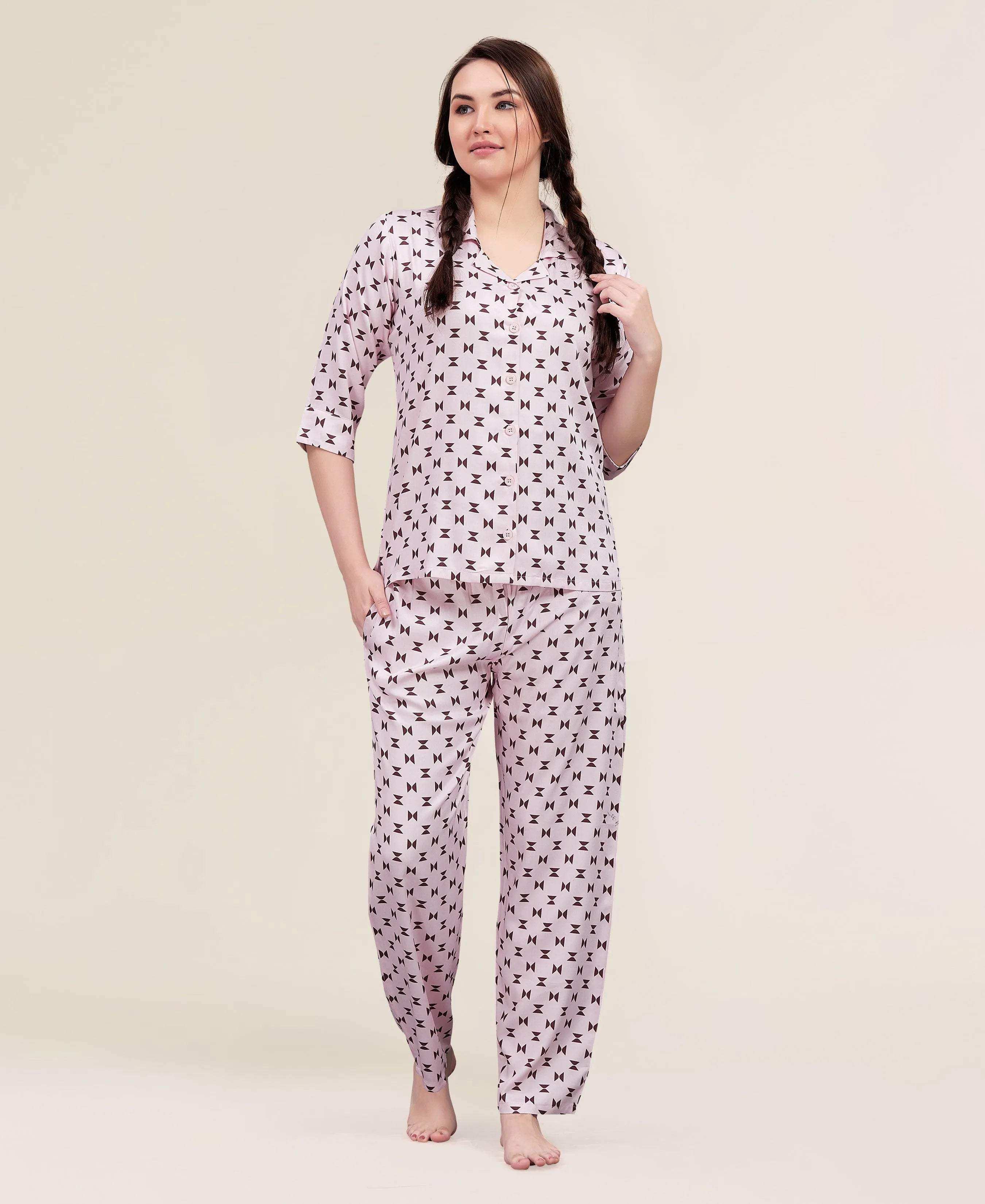 Velure Block Print Night Suit - Velure - - 3/4 Sleeves, Abstract Print, Collar Neck, Cotton, Front Button Open, Full Length Pant