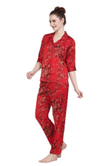 Velure Blooming Satin Print Night Suit - Velure - Shirt and Pant - 3/4 Sleeves, Abstract Print, Front Button Open, Full Length Pant, Satin