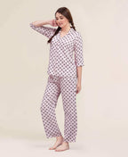 Velure Block Print Night Suit - Velure - - 3/4 Sleeves, Abstract Print, Collar Neck, Cotton, Front Button Open, Full Length Pant