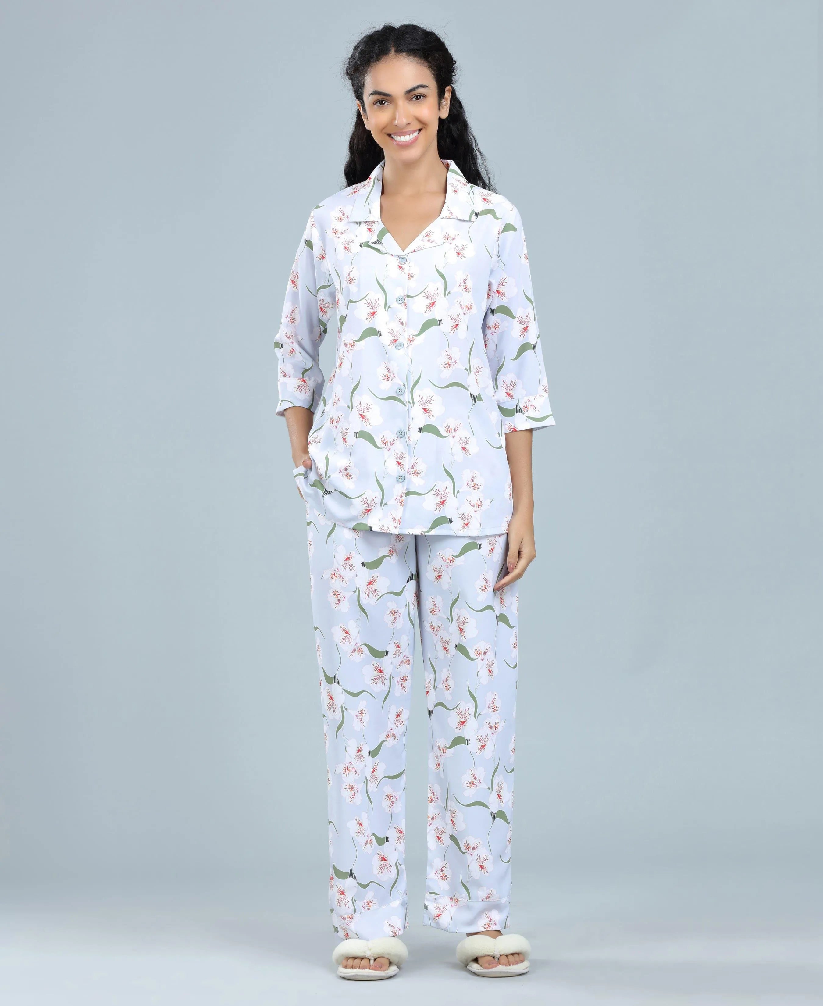 Satin Blossoms Print Satin Night Suit - Velure, Shirt and Pant, Indulge in luxury with Velure's Flower Print Satin Night Suit. Soft satin fabric, elegant collar, 3/4 sleeves, and full-length pants. Vibrant floral print adds a touch of charm. Comfortable fit for a restful sleep. Easy to care for and maintain.