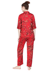 Velure Blooming Satin Print Night Suit - Velure - Shirt and Pant - 3/4 Sleeves, Abstract Print, Front Button Open, Full Length Pant, Satin