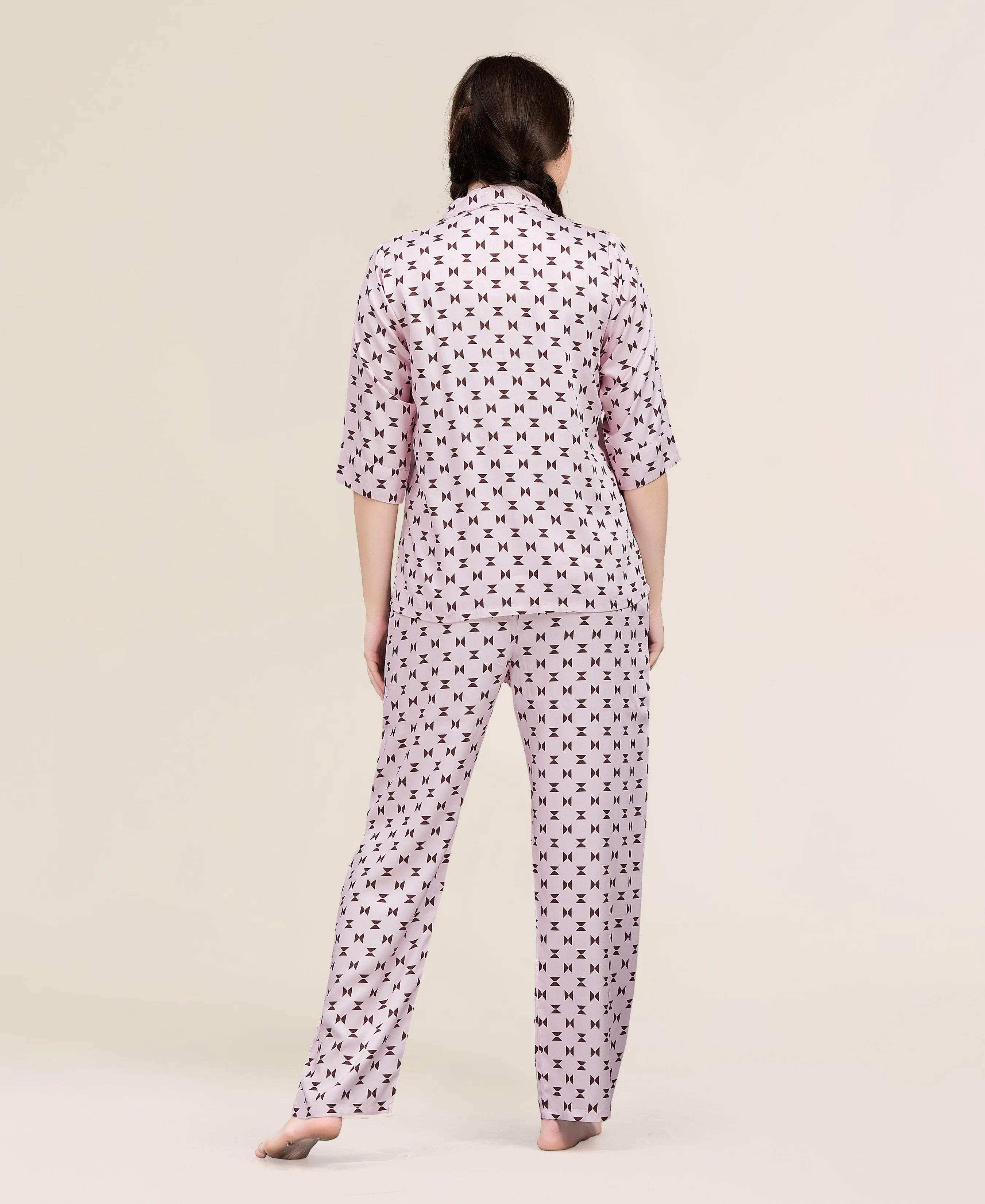 Velure Block Print Night Suit - Velure - - 3/4 Sleeves, Abstract Print, Collar Neck, Cotton, Front Button Open, Full Length Pant