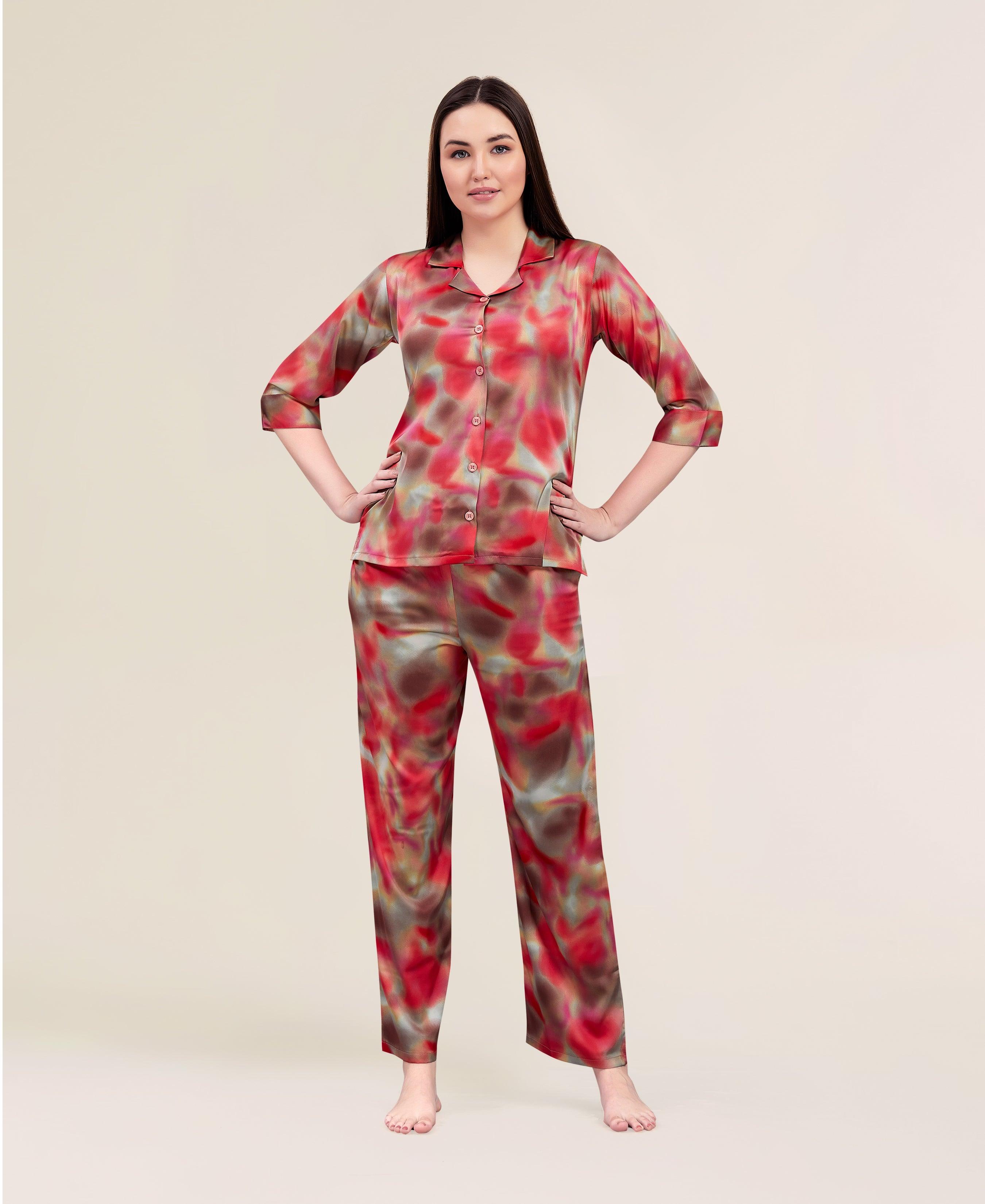 Velure Fusion Abstract Print Night Suit - Velure - Shirt and Pant - 3/4 Sleeves, Abstract Print, Collar Neck, Front Button Open, Full Length Pant, Satin