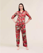 Velure Fashion Abstractl Print Night Suit - Velure - - 3/4 Sleeves, Abstract Print, Collar Neck, Front Button Open, Full Length Pant, Satin