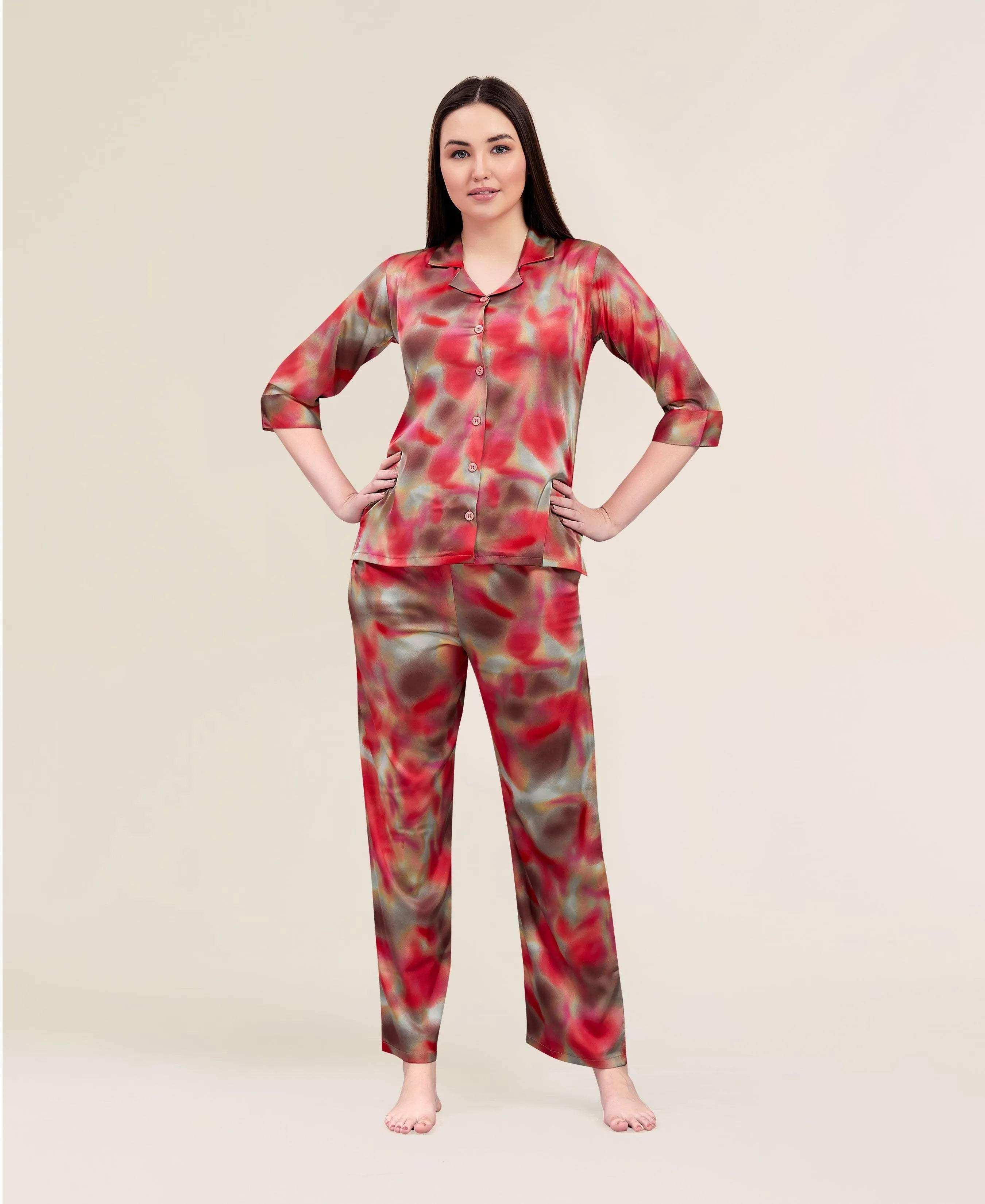 Velure Fashion Abstractl Print Night Suit - Velure - - 3/4 Sleeves, Abstract Print, Collar Neck, Front Button Open, Full Length Pant, Satin