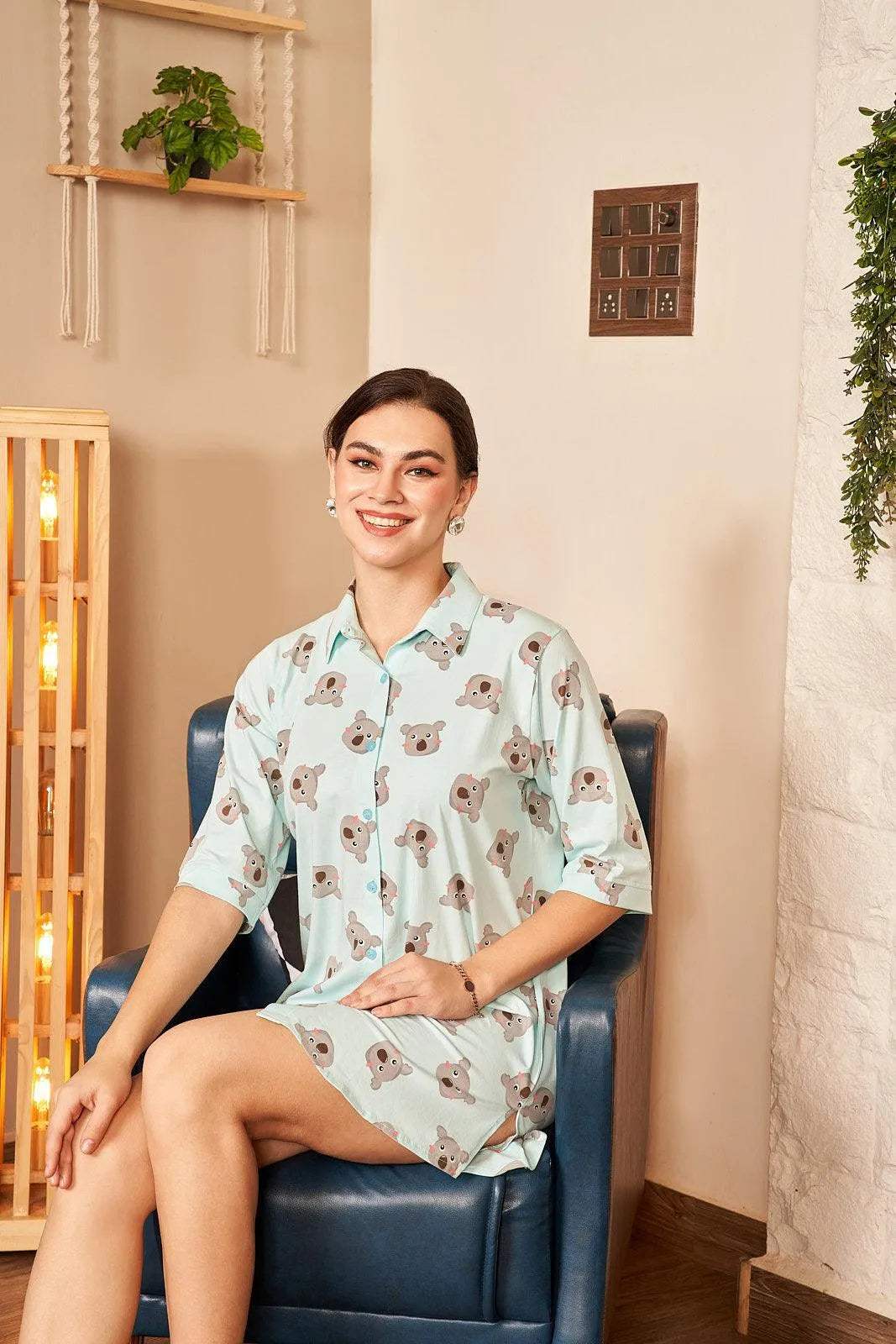 Velure Koala Bear Print Night Shirt - Velure - - 3/4 Sleeves, Collar Neck, Cotton, Front Button Open, Knee Length, Printed