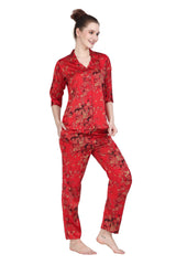 Velure Blooming Satin Print Night Suit - Velure - Shirt and Pant - 3/4 Sleeves, Abstract Print, Front Button Open, Full Length Pant, Satin