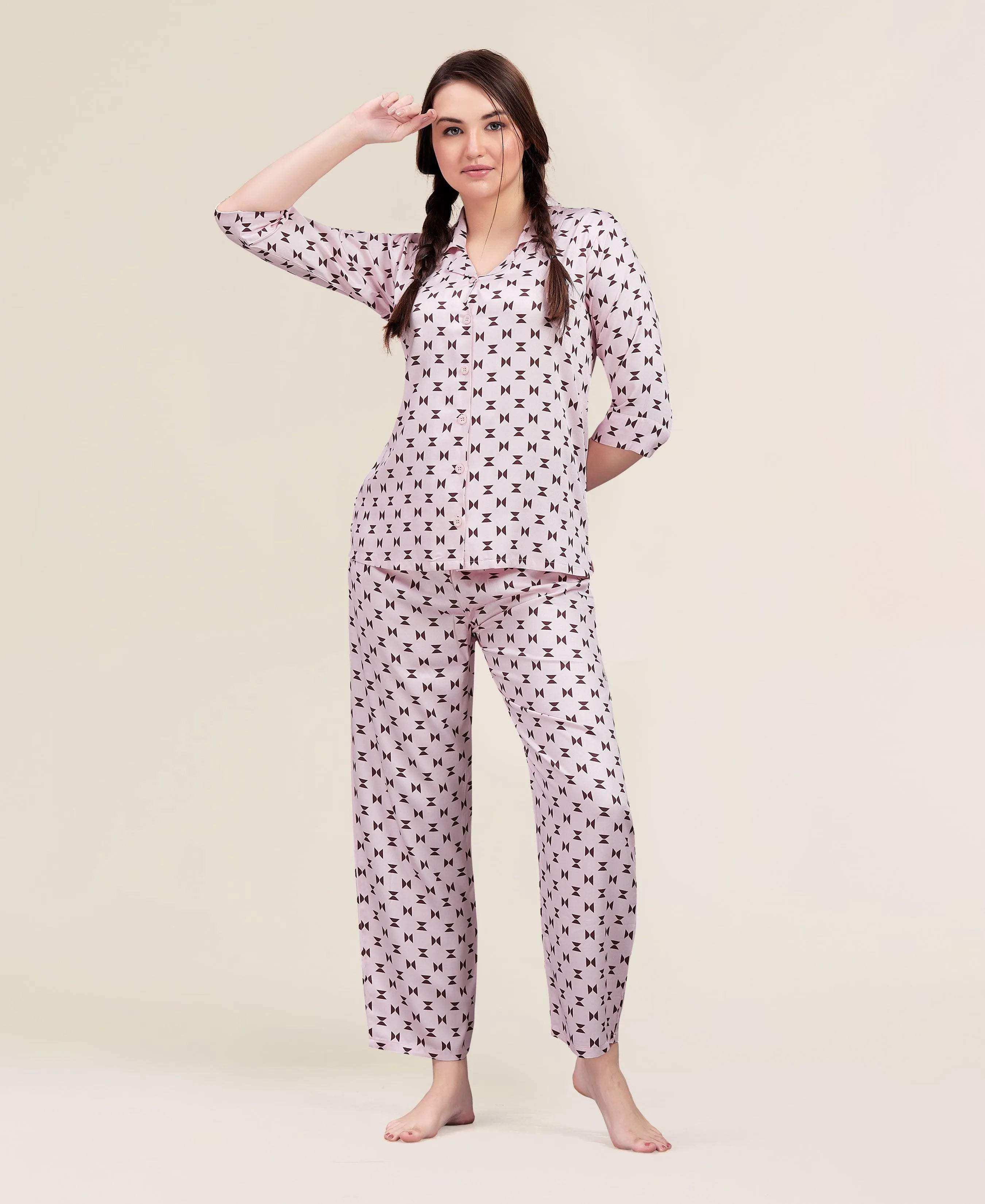 Velure Block Print Night Suit - Velure - - 3/4 Sleeves, Abstract Print, Collar Neck, Cotton, Front Button Open, Full Length Pant