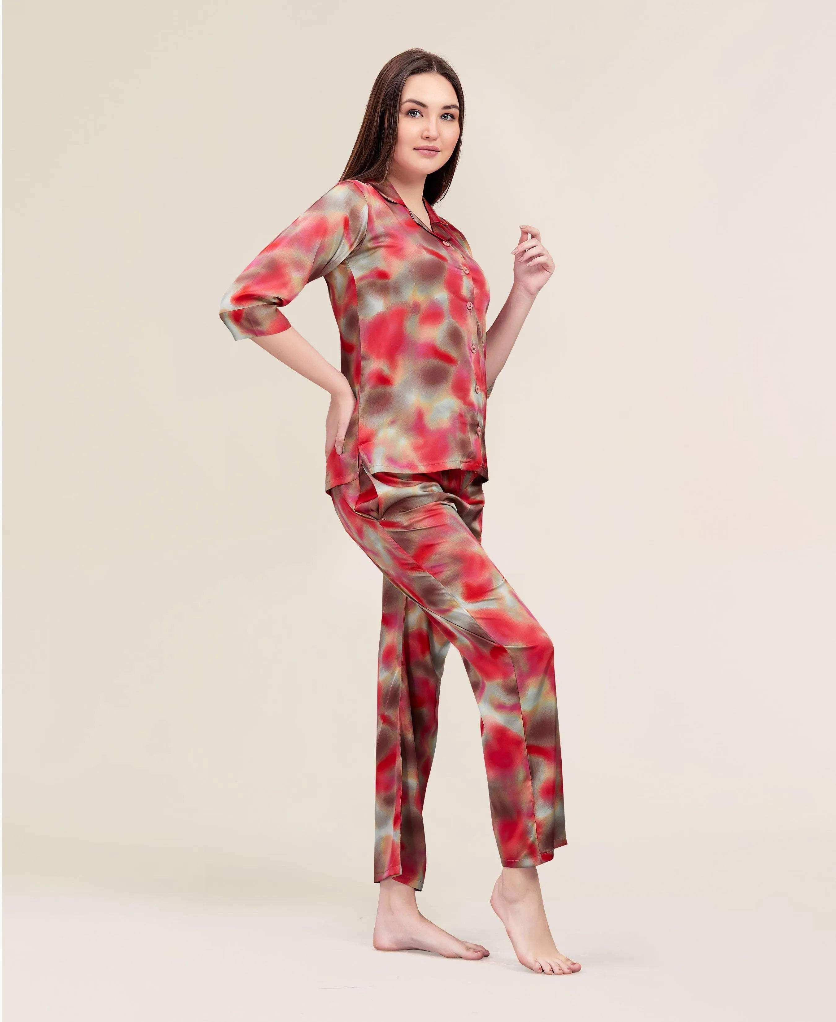 Velure Fashion Abstractl Print Night Suit - Velure - - 3/4 Sleeves, Abstract Print, Collar Neck, Front Button Open, Full Length Pant, Satin