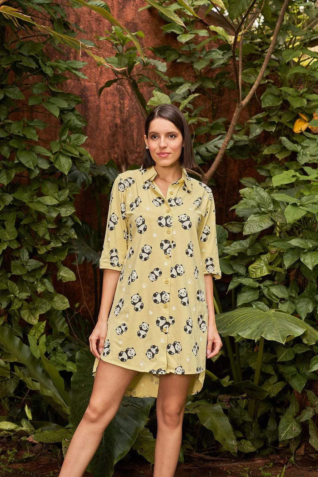Sparkly Fashion Panda Print Night Shirt - Velure - - 3/4 Sleeves, Collar Neck, Cotton, Front Button Open, Knee Length, Printed