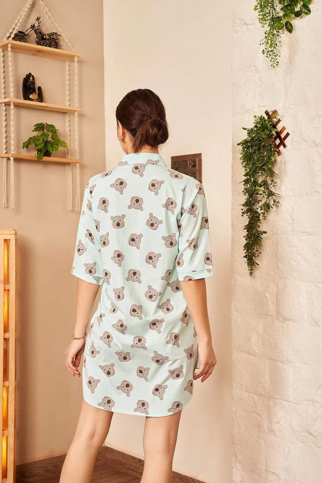 Velure Koala Bear Print Night Shirt - Velure - - 3/4 Sleeves, Collar Neck, Cotton, Front Button Open, Knee Length, Printed
