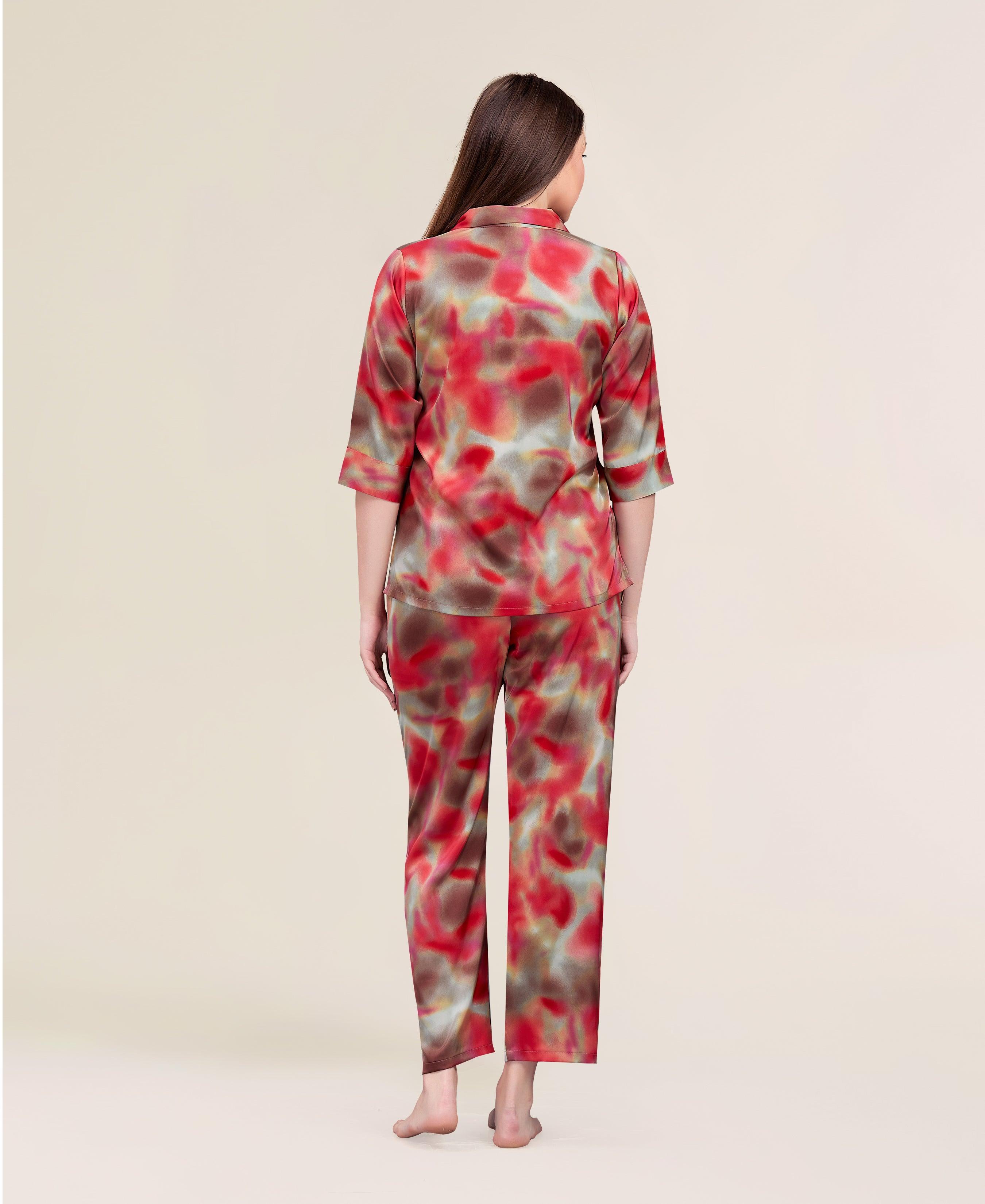 Velure Fusion Abstract Print Night Suit - Velure - Shirt and Pant - 3/4 Sleeves, Abstract Print, Collar Neck, Front Button Open, Full Length Pant, Satin