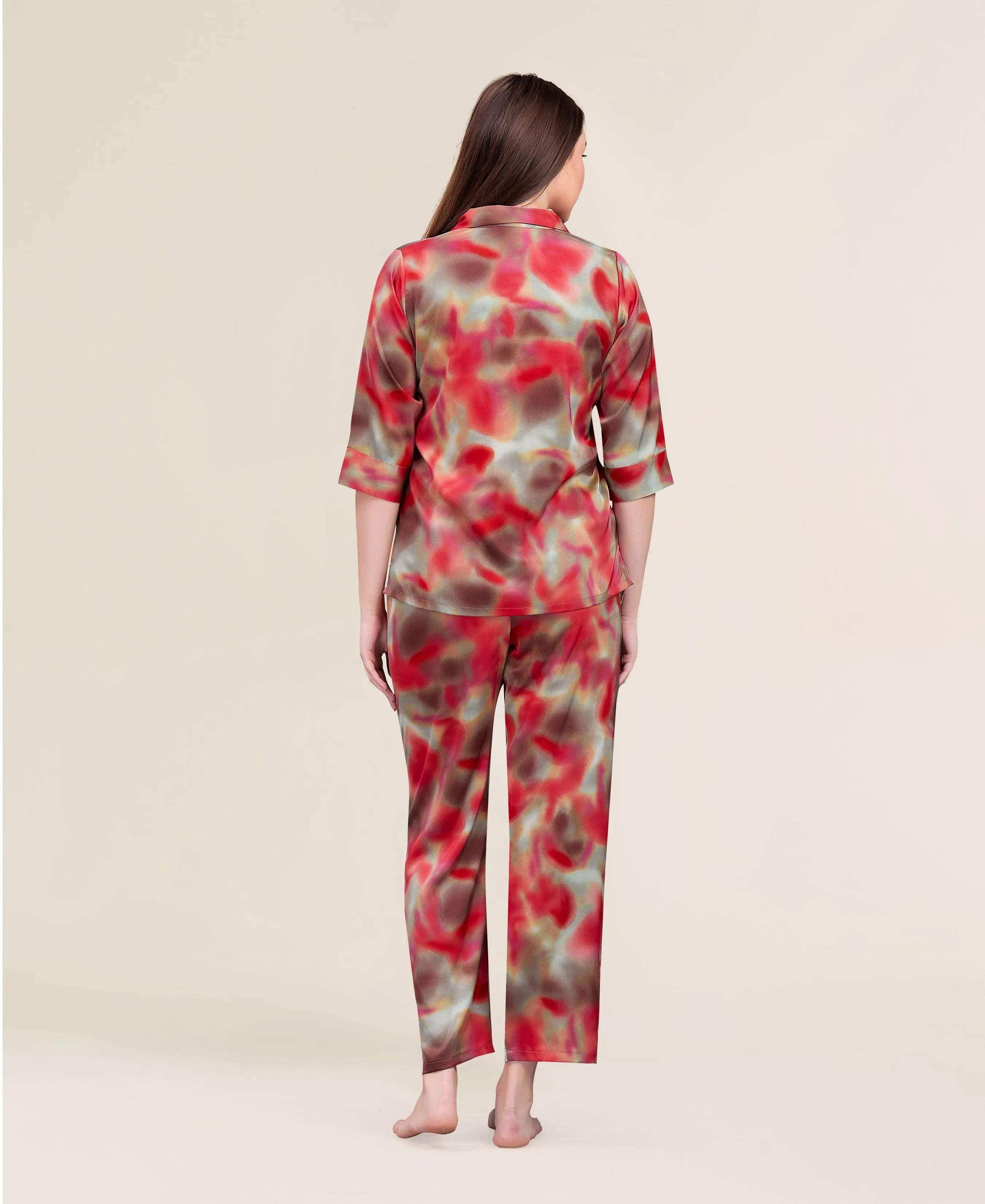 Velure Fashion Abstractl Print Night Suit - Velure - - 3/4 Sleeves, Abstract Print, Collar Neck, Front Button Open, Full Length Pant, Satin
