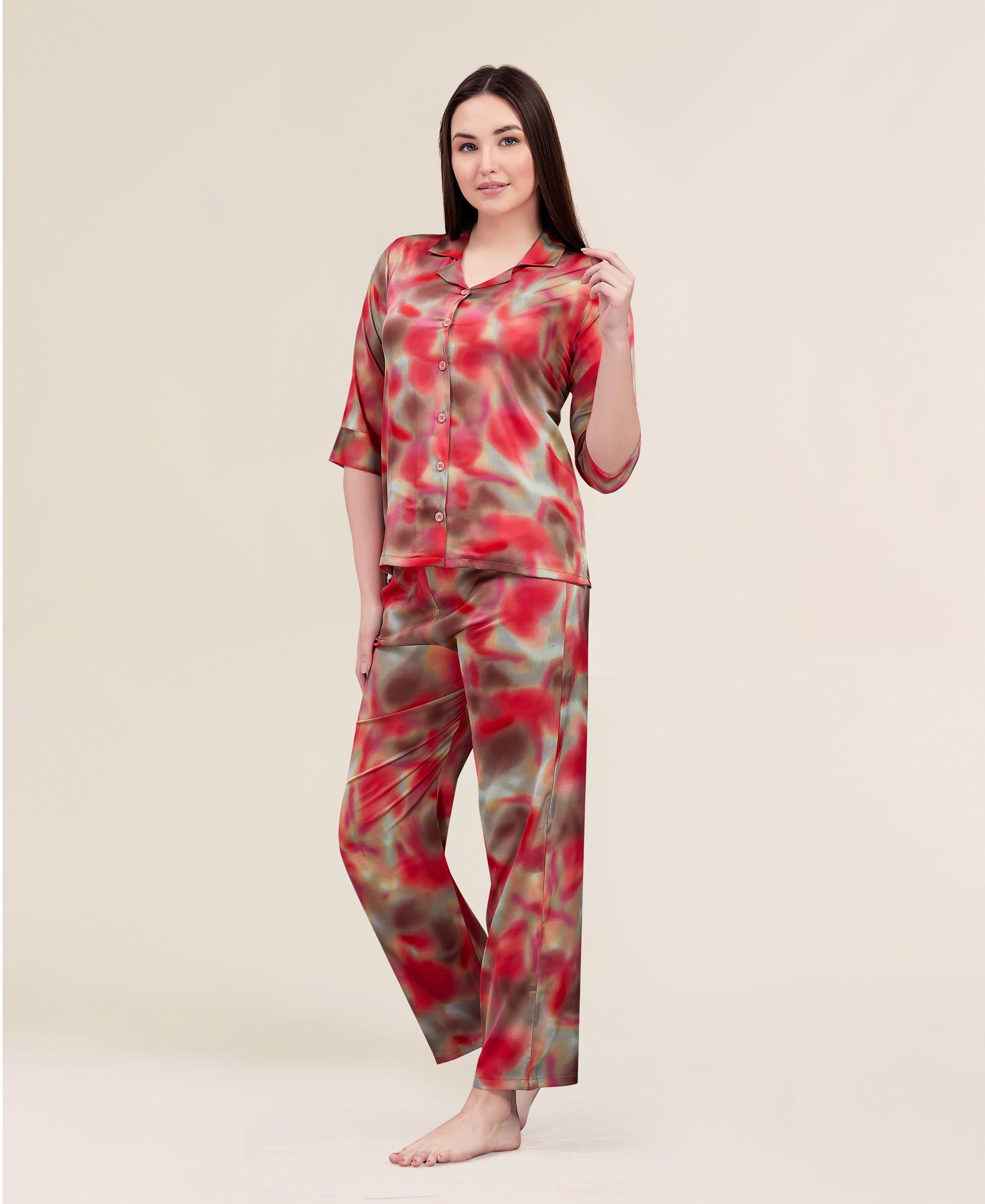 Velure Fusion Abstract Print Night Suit - Velure - Shirt and Pant - 3/4 Sleeves, Abstract Print, Collar Neck, Front Button Open, Full Length Pant, Satin