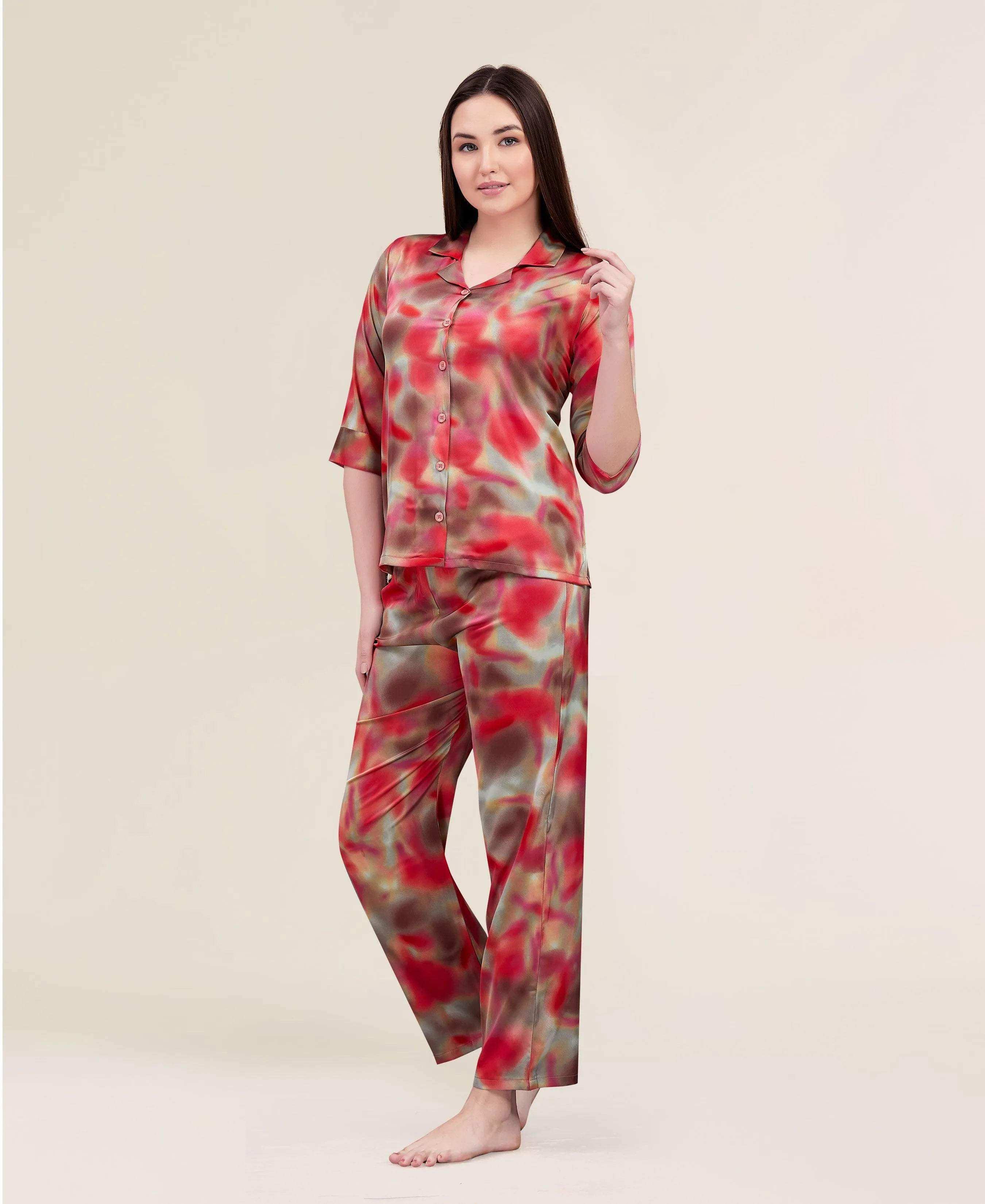 Velure Fashion Abstractl Print Night Suit - Velure - - 3/4 Sleeves, Abstract Print, Collar Neck, Front Button Open, Full Length Pant, Satin